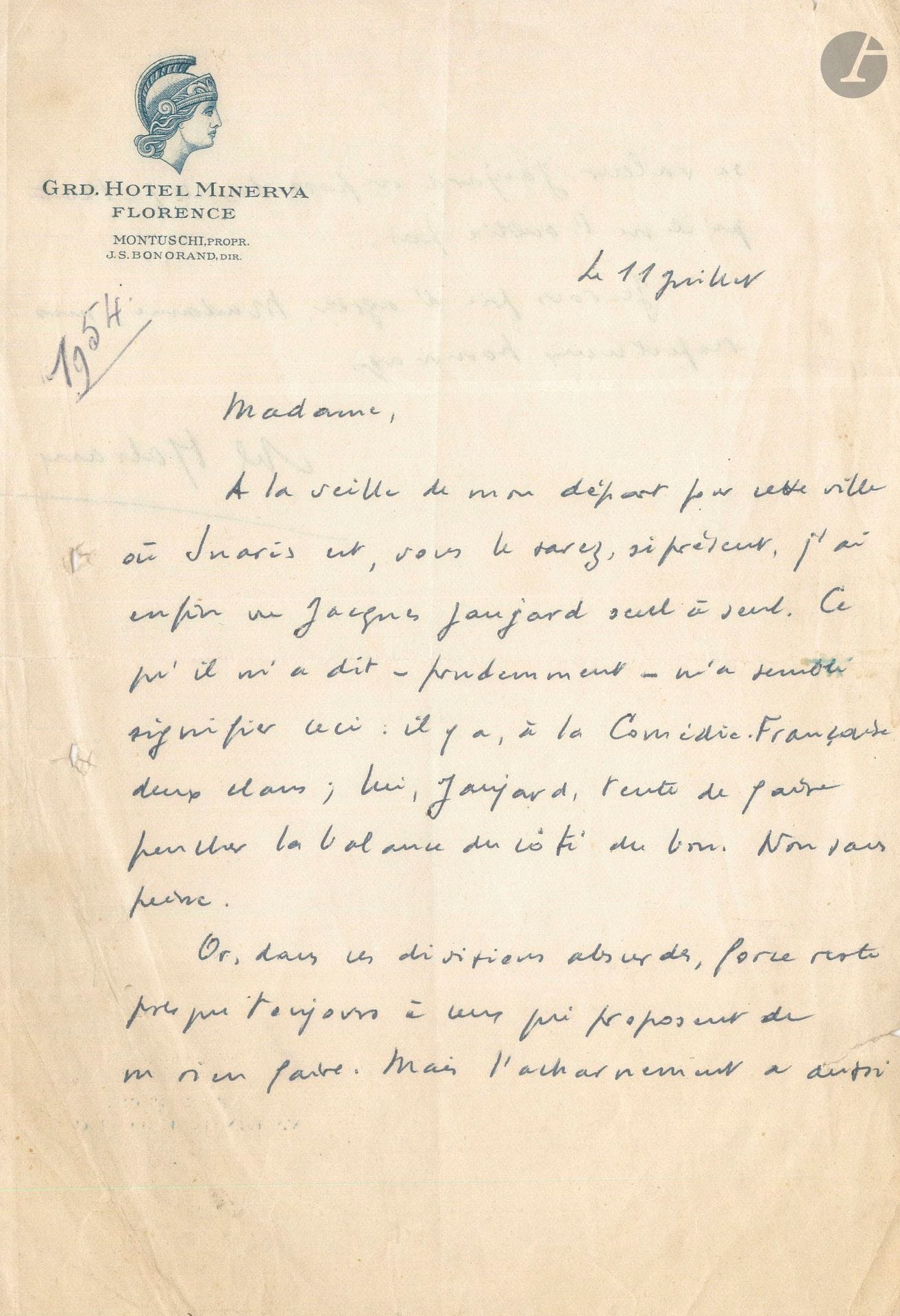André MALRAUX (1901-1976). L.A.S., Florence 11 juillet [1954], à une dame; 1page et demie in-8 à vignette et en-tête du Grd. Hôtel Minerva (qqs légers défauts).
Au sujet de la Comédie-Française [dont Pierre Descaves est l’administrateur], sur laquelle il a interrogé Jacques Jaujard, directeur général des Arts et Lettres au ministère de l’Éducation Nationale.
Il a vu, avant son départ pour Florence – «cette ville où Suarès est, vous le savez, si présent» –, Jaujard «seul à seul. Ce qu’il m’a dit – prudemment – m’a semblé signifier ceci: il y a, à la Comédie-Française deux clans; lui, Jaujard, tente de faire pencher la balance du côté du bon. Non sans peine. Or, dans ces divisions absurdes, force reste presque toujours à ceux qui proposent de ne rien faire. Mais l’acharnement a aussi sa valeur. Jaujard en possède»…