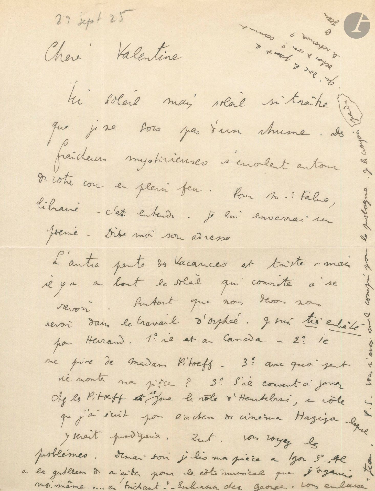 Jean COCTEAU. 2 L.A.S. «Jean», 1925-1929, à Valentine Hugo; 1 page in-4, et 1 page in-12 au dos d’une carte postale en couleurs (Roquebrune), enveloppes autographes timbrées.
[Villefranche-sur-Mer, 29 septembre 1925]. «Ici soleil mais soleil si traître que je ne sors pas d’un rhume. Des fraîcheurs mystérieuses s’enroulent autour de votre cou en plein feu. […] nous devons nous revoir dans le travail d’Orphée. Je suis très embêté par [Marcel] Herrand. 1° il est au Canada – 2° il me prive de Madame Pitoeff. 3° avec quoi peut-il monter ma pièce? 3° S’il consent à jouer chez les Pitoeff, et il joue le rôle d’Heurtebise, ce rôle que j’ai écrit pour l’acteur de cinéma Haziza – lequel y serait prodigieux. Zut. Vous voyez les problèmes. Demain soir je lis ma pièce à Igor S. [Stravinsky]. Il a la gentillesse de m’aider pour le côté musical que j’organise moi-même… en trichant!»... 
Roquebrune [23 août 1929], quelques jours après la mort de Diaghilev à Venise (19 août). «Bien sûr toute l’entreprise russe et Diaghilew étaient mangés à l’intérieur comme par les termites et cette mort est une “image” – mais elle remue tant de souvenirs! et c’est à une répétition russe que nous nous sommes liés – vous portiez une belle robe verte. Je pense à vous Valentine chérie»…
On joint un télégramme, Villefranche-sur-Mer 26 septembre 1925, à Valentine Hugo: «Veux vous apprendre avant tout autre bonne nouvelle. Ai fini Orphée».