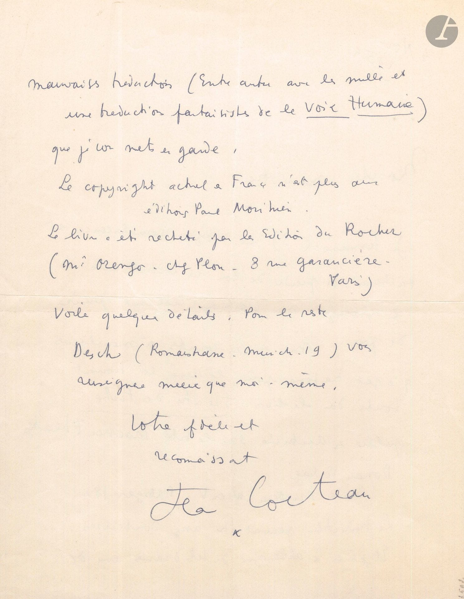 Jean COCTEAU. L.A.S., 4 novembre 1954, à «Mon cher ministre»; 2pages in-4.
Il va prendre contact avec l’Allemagne. «Mes pièces courtes ou monologues qu’on peut transformer pour la scène se trouvent toutes dans le livre Théâtre de Poche», publié en Autriche sous le titre Taschent Theater. Mais «les traductions peuvent être assez douteuses», ainsi «une traduction fantaisiste de la Voix humaine»...