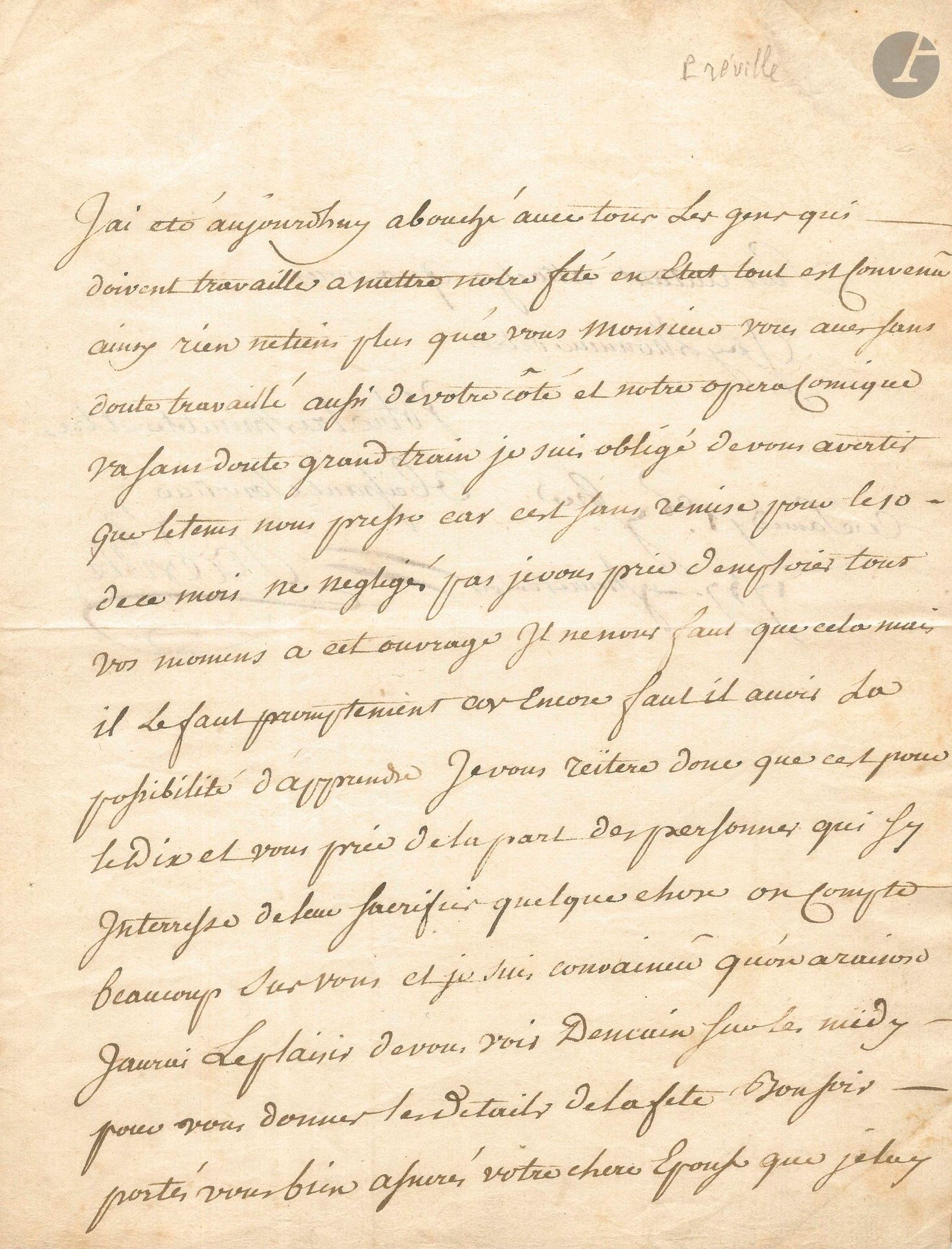 Pierre-Louis Du Bus dit PRÉVILLE (1721-1799) sociétaire et doyen de la Comédie-Française, créateur de Figaro dans Le Barbier de Séville. L.A.S., 1er septembre 1757, à Charles-Simon Favart; 1page et demie in-4, adresse avec cachet de cire rouge.
Il a vu «tous les gens qui doivent travailler a mettre notre fête en état», et il presse Favart: «notre opera comique va sans doute grand train»; la fête étant fixée au 10, «il le faut promtement car encore faut-il avoir la possibilité d’apprendre»… Il ajoute: «assurés votre chere épouse que je luy suis autant attaché qua vous»…