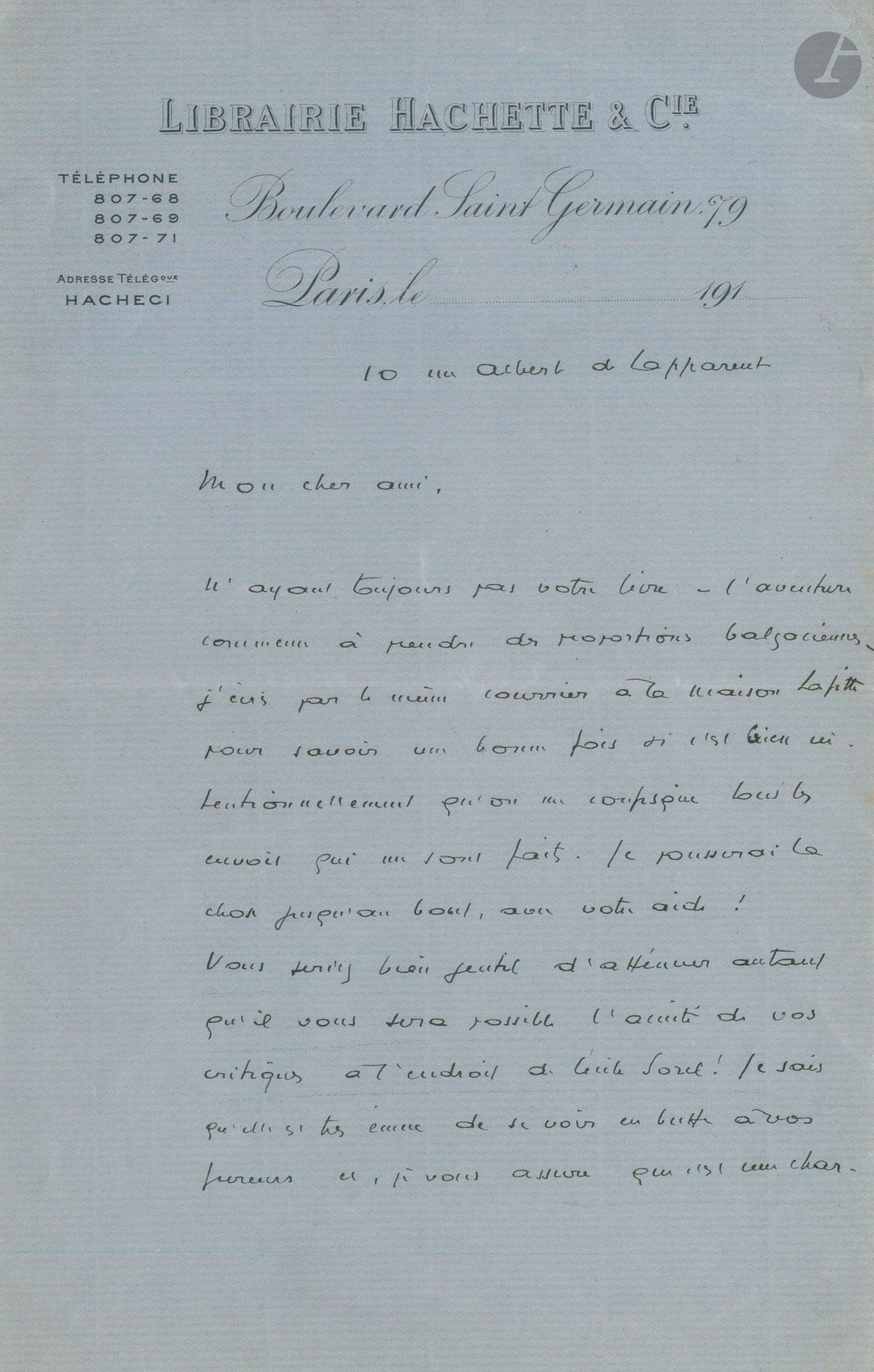 Henri barbusse (1873-1935). L.A.S., 191., à un ami; 1 page et demie in-8, en-tête Librairie Hachette & Cie.
Curieuse lettre en faveur de Cécile Sorel: «Vous seriez bien gentil d’atténuer autant qu’il vous sera possible l’acuité de vos critiques à l’endroit de Cécile Sorel! Je sais qu’elle est très émue de se voir en butte à vos fureurs et, je vous assure que c’est une charmante femme, qui n’a pas les torts qu’on lui prête et les défauts dont on la charge!»…