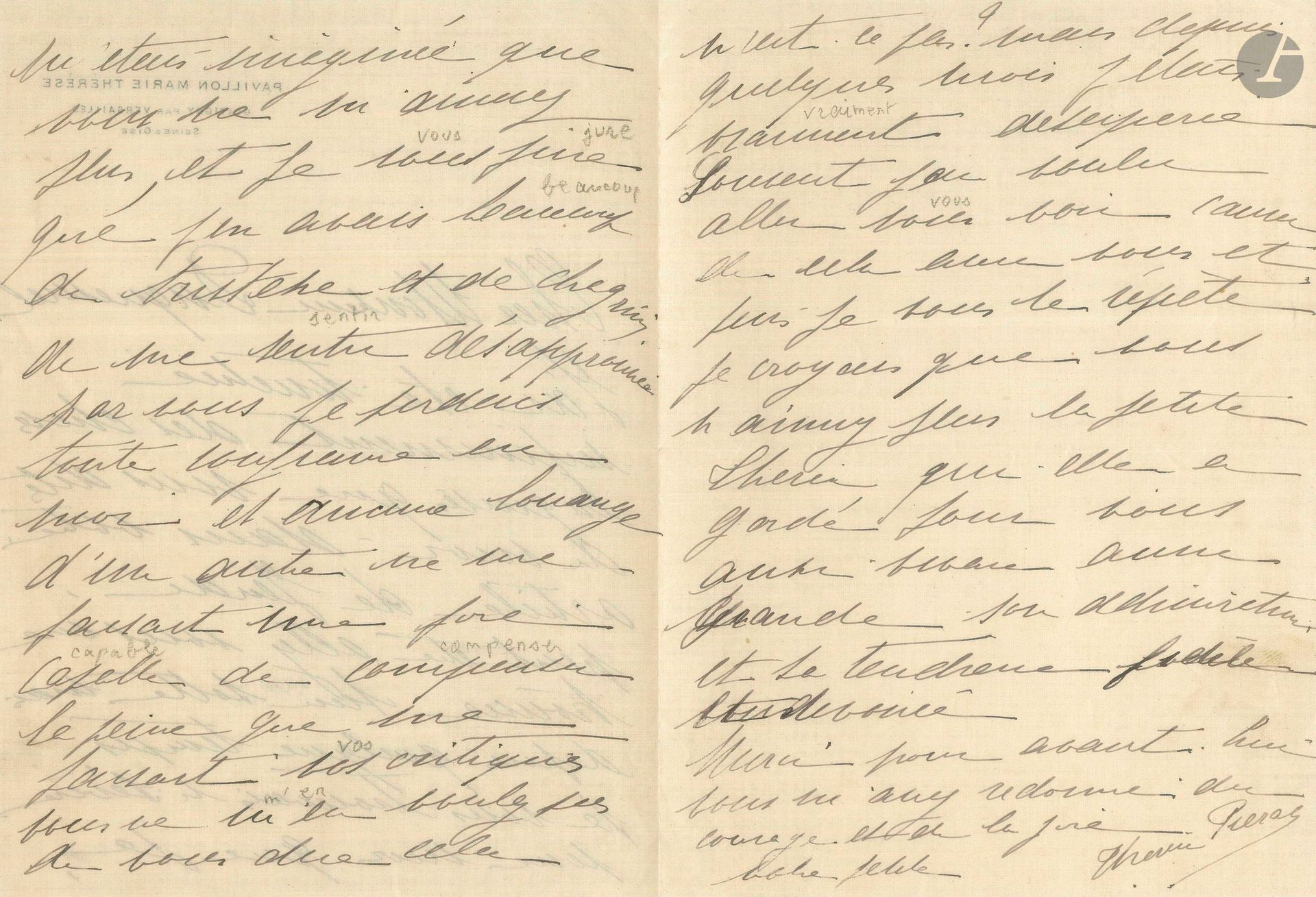 Marie-Thérèse PIÉRAT (1885-1934). 3 L.A.S.; 10pages in-8 (portrait joint).
À Félix Duquesnel, le remerciant de son article: «depuis quelque temps, je vous trouvais si sévère pour moi que je m’étais imaginée que vous ne m’aimiez plus et je vous jure que j’en avais beaucoup de tristesse et de chagrin de me sentir désapprouvée par vous. Je perdais toute confiance en moi […] vous m’avez redonné du courage et de la joie»… – [Janvier 1907], à un ami journaliste, qui a oublié son nom en rendant compte d’une réunion du comité de la Comédie-Française où elle a obtenu un demi-douzième d’augmentation de ses parts. – Monte-Carlo, à une amie: son collègue Dessonne l’a suppliée d’aller jouer avec lui Le Goût du vice à Luxembourg; si elle refusait, cela ferait manquer la représentation et il perdrait son cachet…