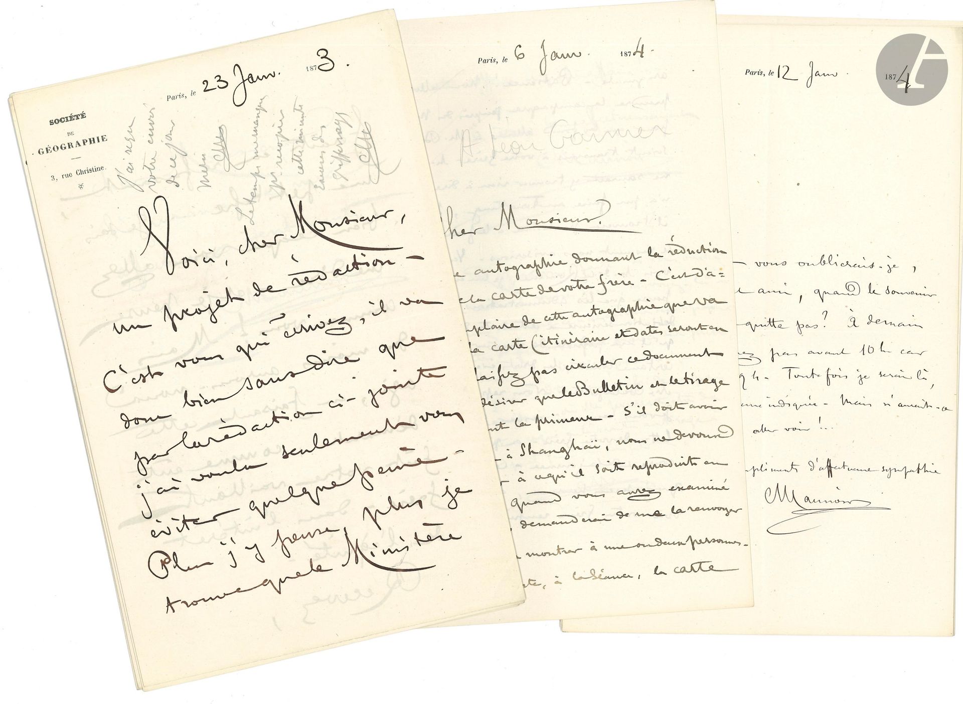 Charles MAUNOIR (1830-1901) géographe. 55 L.A.S., Paris 1873-1898, à Léon Garnier; 130pages in-8 ou in-12, nombreux en-têtes de la Société de Géographie.
Belle correspondance évoquant Francis Garnier, le célèbre explorateur de l’Indochine.
Ancien militaire devenu géographe, Charles Maunoir publia de nombreux articles et mémoires dans des revues savantes telles que L’Année géographique et le Bulletin de la Société de Géographie. De 1867 à 1896, il fut secrétaire général de la Société de Géographie. Son correspondant, Léon Garnier (1836-1901), était le frère du célèbre explorateur Francis Garnier (1839-1873), connu pour son important voyage effectué à travers l’Indochine et la Chine méridionale de 1866 à 1868. 
La correspondance est relative à Francis Garnier, à ses proches et à diverses publications relatives à son expédition: parution de la relation imprimée du voyage (1873); lecture d’un compte rendu à la Société de Géographie; mise à disposition d’une somme de 3000F pour Francis Garnier; demande du directeur de la Revue des Deux Mondes de s’entretenir avec Léon Garnier; gravure d’une carte montrant l’itinéraire de F. Garnier (1874); pension destinée à sa veuve; projet d’un portrait de F. Garnier qui doit être présenté à la Société de Géographie; réalisation d’un buste de l’explorateur par Topffer; protestation auprès de la Société d’Ethnographie (1875); recherche d’une pierre lithographique chez le graveur Erhard contenant l’itinéraire de F. Garnier (1882); publication des lettres de Doudart de Lagrée par Arthur de Villemereuil (1885); recommandations en faveur du sergent Imbert, ancien compagnon d’armes de F. Garnier, pour la médaille militaire et la médaille du Tonkin (1889-1891), etc.
«J’ai mon exemplaire de l’Indo-Chine!... C’est une œuvre superbe – et qui m’aurait remis au cœur le souvenir de votre frère, s’il en eut été besoin. L’affaire des expéditions à faire par la Société de Géographie est réglée. Mais j’ai vu avec regret que le nom de M. Garrez avait disparu de la liste des personnes auxquelles est donné l’ouvrage... M. Garrez est l’un des hommes qui ont aidé votre frère pour les questions d’histoire de l’Inde. Comment faire pour remettre les choses dans les conditions qui étaient [...] conformes aux vœux de votre frère?» (7 janvier 1873). «A notre prochaine séance, 7 mars, M. Vivien de St Martin lira le compte-rendu sur la relation du voyage d’exploration en Indo-Chine. Je dirai qu’on vous envoie une convocation. Mais tenez-vous, dès maintenant, pour prévenu. [...]. J’allais oublier de vous dire que j’ai reçu, de votre frère, une lettre affectueuse à laquelle je vais répondre de mon mieux» (22 février). «Voici une autographie donnant la réduction à moitié de la carte de votre frère. C’est d’après un exemplaire de cette autographie que va être gravée la carte (itinéraire et dates seront en rouge). Ne laissez pas circuler ce document car il est à désirer que le Bulletin et le tirage à part en aient la primeur [...] Nous allons entreprendre la campagne auprès du ministère pour que les fonds alloués à M. Delaporte soient transmis à votre frère. M. Delaporte ne saurait y trouver rien à dire et ce qu’il n’a pu faire au Tong King, faute de santé, il trouvera peut-être à le faire ailleurs» (6 janvier 1874)... «Si la mort de votre pauvre frère est survenue en service commandé, votre belle-sœur a droit à une pension de 1060F. Au cas contraire la pension ne serait que de la moitié, soit 530F. Je ne pense pas qu’il puisse y avoir le moindre doute sur la situation» (14 janvier). «Le président de la Sté de Géographie a pris bonne note du vœu que je lui ai exprimé pour le retour de votre belle-sœur de Shang-Haï [...] La Société est un milieu qui accueillera toujours avec la sympathie la plus profonde tout ce qui pourra se rapporter à votre frère, et sur lequel vous pouvez, je crois, compter en cas de besoin» (19 janvier)... «Cette lettre vous sera remise par M Dutreuil de Rhins, dont le nom vous est sans doute connu et qui s’occupe beaucoup de l’Indo-Chine. Il est des défenseurs de votre frère et désirerait causer avec vous de sujets qui vous intéressent. M. de Rhins est un homme sûr et droit – ce que vous lui direz sous réserve, il n’aura garde d’en faire usage, surtout un mauvais usage» (8 octobre 1879)… «Je ne puis malgré toutes mes recherches mettre la main sur la pierre de l’Itinéraire de Mr Garnier. Si cependant on peut encore patienter quelques jours, il me sera peut-être possible de la retrouver» (Erhard à Maunoir, 24 mars 1882, transmise à L. Garnier); sur le même feuillet: «La pierre philosophale n’est pas plus difficile à trouver que cette pierre lithographique. Pouvez-vous attendre encore un peu?... Pourriez-vous me rendre les nos de l’Explorateur sur lesqu