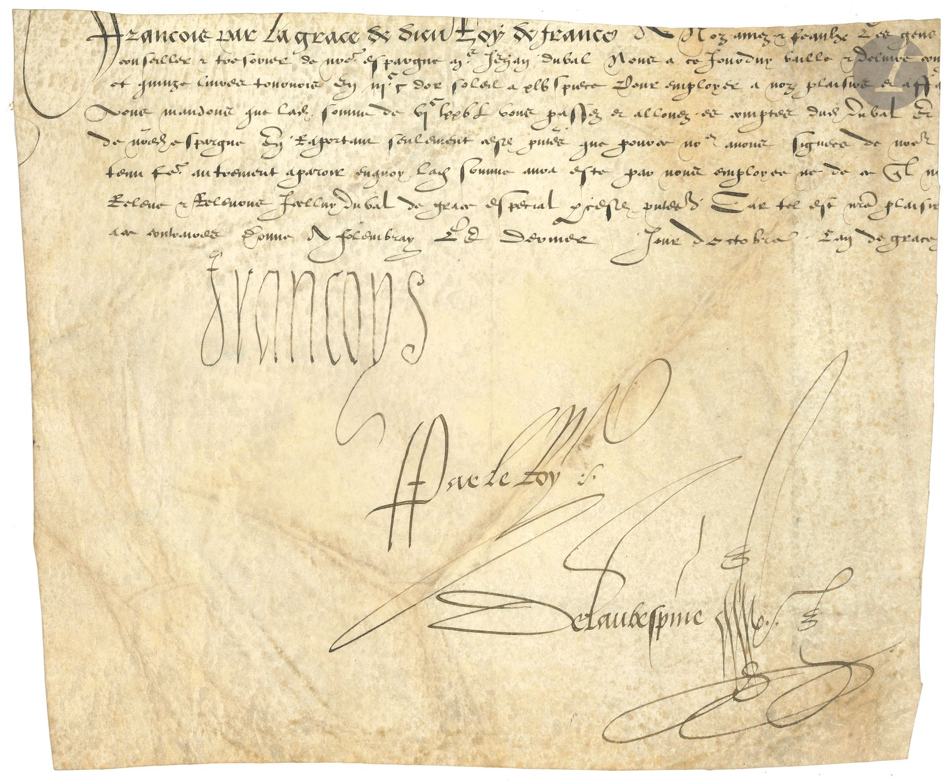 FRANÇOIS Ier (1494-1547). P.S., Folembray 31 octobre [1545]; contresignée par De Laubespine; vélin in-4 (bord droit rogné avec perte des fins de lignes).
Il reçoit du trésorier Jehan Duval une somme «pour employer a noz plaisirs et afferes»…
On joint une P.S. (secrétaire) de Louis XIII (1615), et 2 P.S. (secrétaire) de Louis XV (1617, instruction au S. Le Bret, intendant en Provence, défauts; 1720, convocation à l’ouverture du Parlement).