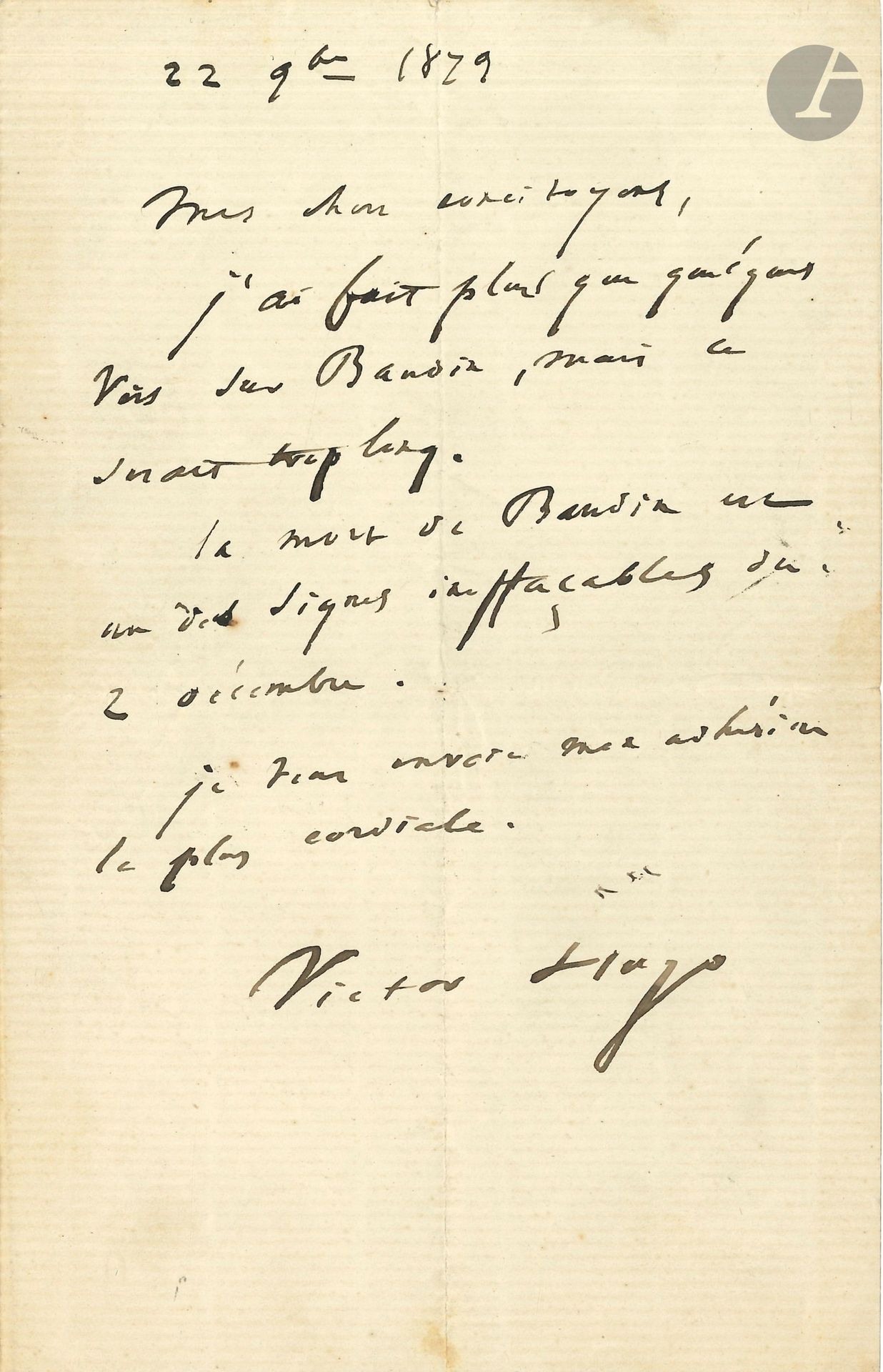 Victor HUGO. L.A.S., 22 novembre 1879, à «Mes chers concitoyens»; 1page in-8.
Souvenir d’Alphonse Baudin, tué sur une barricade le 2 décembre 1851.
«J’ai fait plus que quelques vers sur Baudin, mais ce serait trop long. La mort de Baudin est un des signes ineffaçables du 2 décembre». Il envoie son «adhésion la plus cordiale».