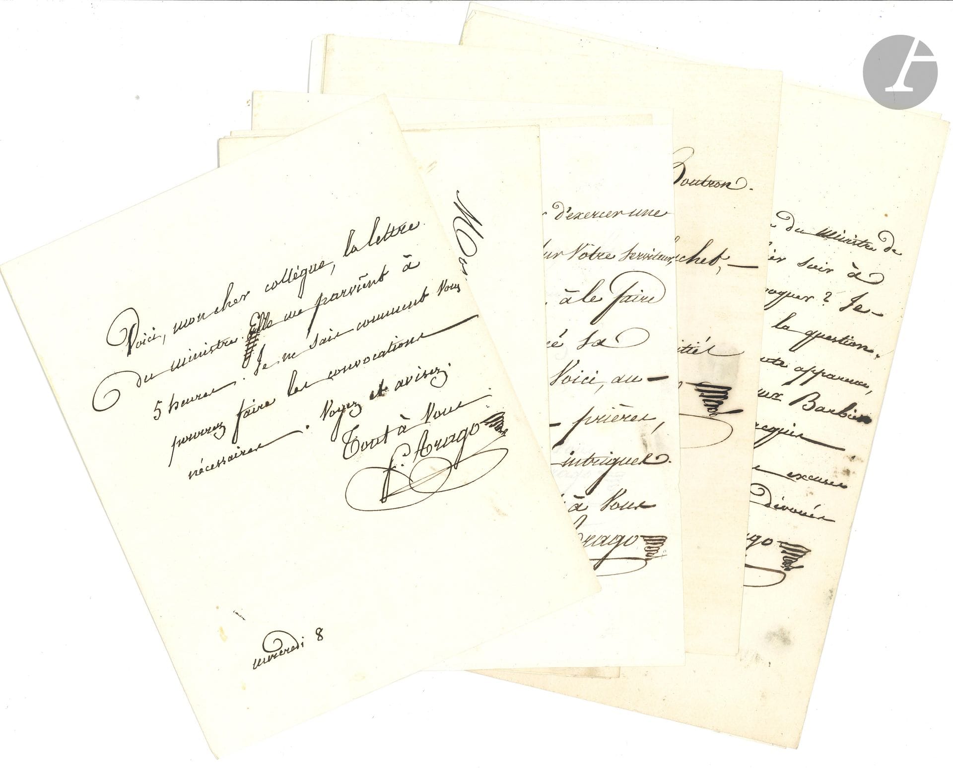 François ARAGO (1786-1853). 8 L.A.S., [vers 1840-1850], à Antoine Boutron-Charlard; 9pages in-4 ou in-8, 5 adresses et 2 enveloppes.
À son «collègue» le pharmacien et chimiste Boutron-Charlard (1796-1879), conseiller municipal de Paris, et membre de l’Académie de Médecine, au sujet de séances et de convocations… «je suis retenu à la chambre par la question du port d’Alger. Je m’échapperai aussitôt que je le pourrai, car je voudrais bien prendre part à la discussion de votre rapport sur le filtrage»…