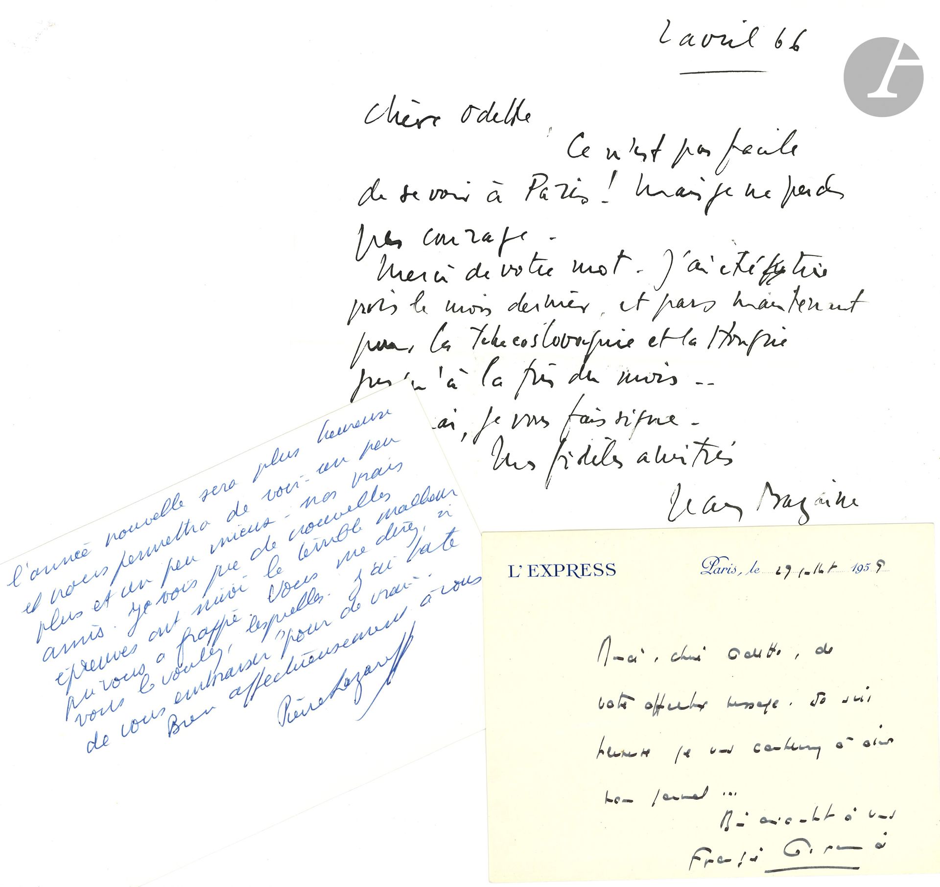MISCELLANEOUS. 9 L.A.S. to Dr. Odette Poulain, 1959-1966.
Jean Bazaine (2, one on a visiting card), René Étiemble (2), Françoise Giroud, Pierre Lazareff, Violette Leduc (3).
Enclosed is a brochure by Alfred Fabre-Luce, Opposition (1945), and a photograph of the same with the Parti Populaire Français stamp on the back.