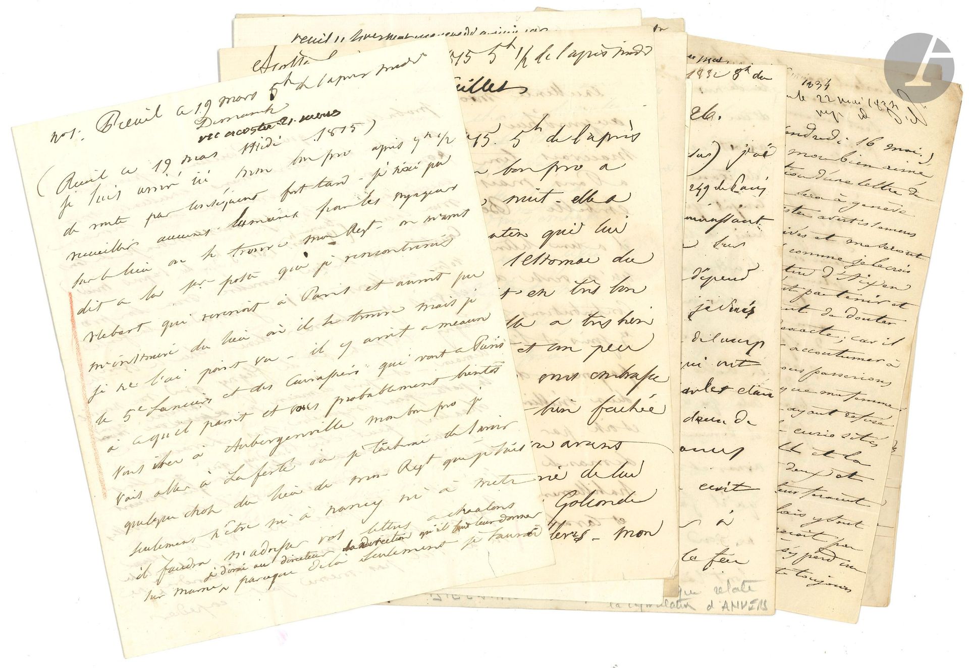 Boniface de castellane (1788-1862) maréchal de France. 9 L.A. (certaines dictées en partie autographes), 1815 et 1830-1835, à son père le général comte Boniface de Castellane-Novejean (3), ou à son fils Henri de Castellane (4); 27 pages petit in-4, adresses.
Reuil 19 mars 1815. Il ignore où se trouve son régiment, qui n’est ni à Nancy ni à Metz; il dînera ce soir chez le baron de Lagny à La Ferté... Acosta 9 juillet 1815. Le sous-préfet ordonne le prompt versement des contributions foncières «pour le payement d’une contribution de deux millions imposée au Dept de Seine-et-Oise par les Prussiens»... Reuil 8 juin 1830. Anecdote concernant le baron de Lagny: «Beaucoup de probité, un ministérialisme gravement visible... une politesse que certains croyent fille d’un amour propre gravement flatté... au reste cela vaut bien la grossièreté révolutionnaire, et même la politesse mal apprise»... 22-23 janvier 1832, sur la plaidoirie d’Hennequin contre Mme de Feuchères, au nom des princes de Rohan: «Cet assassinat du pauvre duc de Bourbon qu’on a voulu faire passer pour un suicide révolte toutes les circonstances de cet épouvantable crime!... et l’on assure que la position légale où elle se trouve protège cette scélérate qu’elle gagnera son procès et restera couverte d’or et d’infamie. C’est pourtant un malheur public que l’acquittement d’un tel monstre»... Q.G. de Merckem 23-24 décembre 1832, sur le siège d’Anvers: «Ce matin à 8h le gal Chassé a écrit au mal Gerard pour lui demander à capituler à 9h on a cessé le feu. Le dernier coup de canon a emporté le bras d’un lieut. d’artillerie. Cette arme depuis 36 heures avait eu 7 officiers tués ou blessés»... Perpignan 17 décembre 1833. «Morella a été pris le 10 Xbre par les troupes de la Reine; c’était un point du royaume de Valence, où les insurgés avaient établi une junte carliste»... Aix-en-Savoie 16 mai [1834]. Rapide tableau d’Aix et de Spa, où les Anglais dominent et l’argent coule à flots. Il se rend à Genève... Nice 15-16 mars 1835. Son fils a raison de dire qu’ils sont moins sérieux dans ce lieu de plaisir qu’ailleurs: il évoque «les marionettes du pape» de la veille...