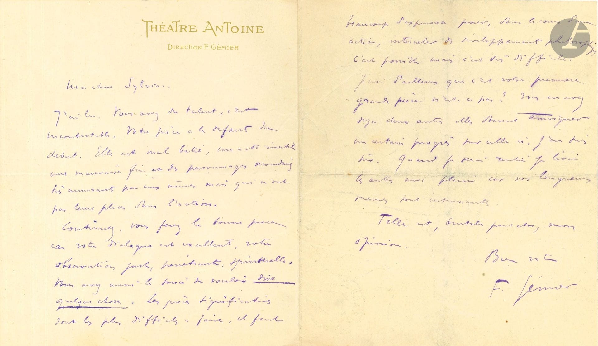 Firmin GÉMIER (1869-1933). 3 L.A.S., une P.S. et une relique; 6pages in-8 à en-tête (Théâtre Antoine et une Théâtre de la Renaissance, et 4p. in-4).
[Vers 1910?], à Marie-Thérèse Sylviac. «J’ai lu. Vous avez du talent, c’est incontestable. Votre pièce a les défauts du début. Elle est mal bâtie, un acte inutile une mauvaise fin et des personnages secondaires très amusants par eux-mêmes mais qui n’ont pas leurs places dans l’action. Continuez, vous ferez la bonne pièce car votre dialogue est excellent, votre observation juste, pénétrante, spirituelle. Vous avez aussi le souci de vouloir dire quelque chose. Les pièces significatives sont les plus difficiles à faire»… – À un auteur dramatique, faisant des remarques précises sur sa pièce Le Lien, avant de conclure: «En somme des qualités, des espérances. Travaillez, les auteurs connus ont appris le métier en faisant des pièces nombreuses qui dorment encore dans leurs tiroirs. La première qu’ils ont fait jouer n’est venue que la dixième et même la vingtième, ne vous découragez pas puisque vous avez un dialogue excellent et des idées scéniques»... – [7 août 1901], il lira avec plaisir un manuscrit.
3 septembre 1915. Contrat avec Gustave Quinson (qui a apostillé et signé) à qui Gémier confie en sous-location le Théâtre Antoine, et sa direction intérimaire, prévoyant notamment la représentation de toute œuvre «du même genre que celles habituellement représentées au Théâtre Antoine» et la revue de Rip 1915; le contrat est prolongé le 3 mars 1916 pour les représentations de Nono de Sacha Guitry…
Paire de bas gris, brodée de passementerie dorée, 87cm (quelques reprises) portés par Gémier dans Le Misanthrope, offerts par Roger Weber à Jean Darnel (avec lettre d’envoi).
On joint: L’Album Comique d’avril 1908, en partie consacré à Gémier.