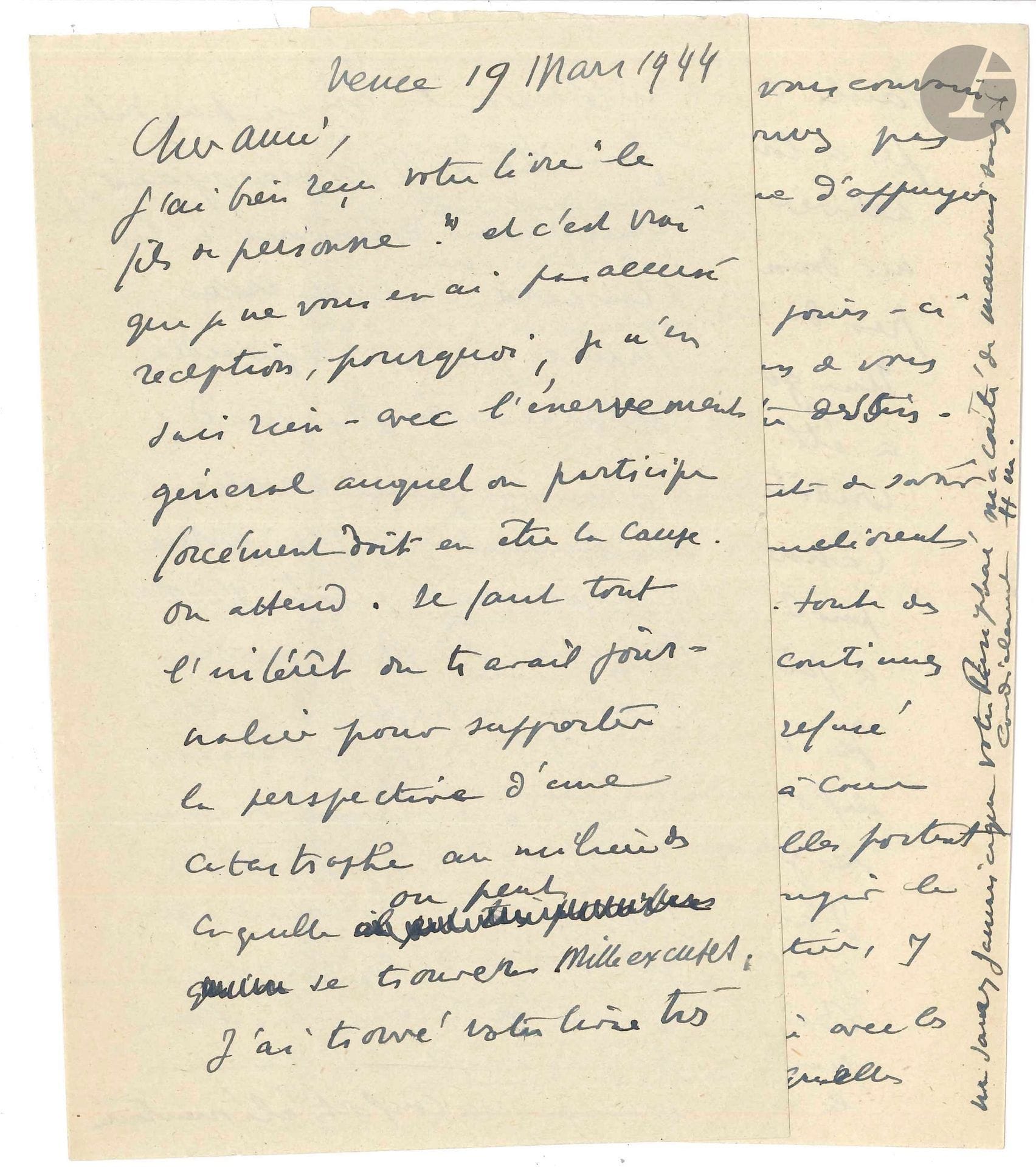 Henri MATISSE (1869-1954). L.A.S. «H.M.», Vence 19 mars 1944, à Henry de Montherlant; 4 pages in-8.
Belle lettre amicale sur l’édition illustrée par Matisse de Pasiphaé. Chant de Minos de Montherlant (Paris, Martin Fabiani, 1944).
Matisse s’excuse d’avoir omis d’accuser réception de Fils de personne: «l’énervement général auquel on participe forcément doit en être la cause. On attend. Il faut tout l’intérêt du travail journalier pour supporter la perspective d’une catastrophe […] J’ai trouvé votre livre très intéressant, mais pas du tout “famille”»… Il lui demande son aide pour une vente de charité «au profit des enfants évacués de la Côte d’Azur» qui sont hébergés dans des locaux insalubres: «J’ai formé le projet avec le peintre Pierre Bonnard de faire vendre dans un entracte du Soulier de satin […] une toile de chacun de nous»… Il lui demande de «donner votre coup d’épaules près de Vaudoyer […] Vous êtes le premier informé à Paris – à tout seigneur…». Il a reçu chez lui à Vence Marie Bell. «J’écrirai à tous ceux qui peuvent m’aider»… Il ajoute: «Tout de même, si vous continuez je serai obligé de refuser vos cartes postales à cause des allusions qu’elles portent et qui feraient rougir le bureau de poste en entier, y compris le facteur. Qu’avez-vous à faire avec les femmes enceintes? Quelle perversion». Il ajoute qu’il est inquiet pour la couverture de Pasiphaé, sachant que Fequet n’était pas certain de la réussir: «J’ai déjà écrit à Fabiani que je puis la faire réussir à Nice  et pas de réponse. Vous ne saurez jamais ce que votre Pasiphaé m’a couté de mauvais sang»…