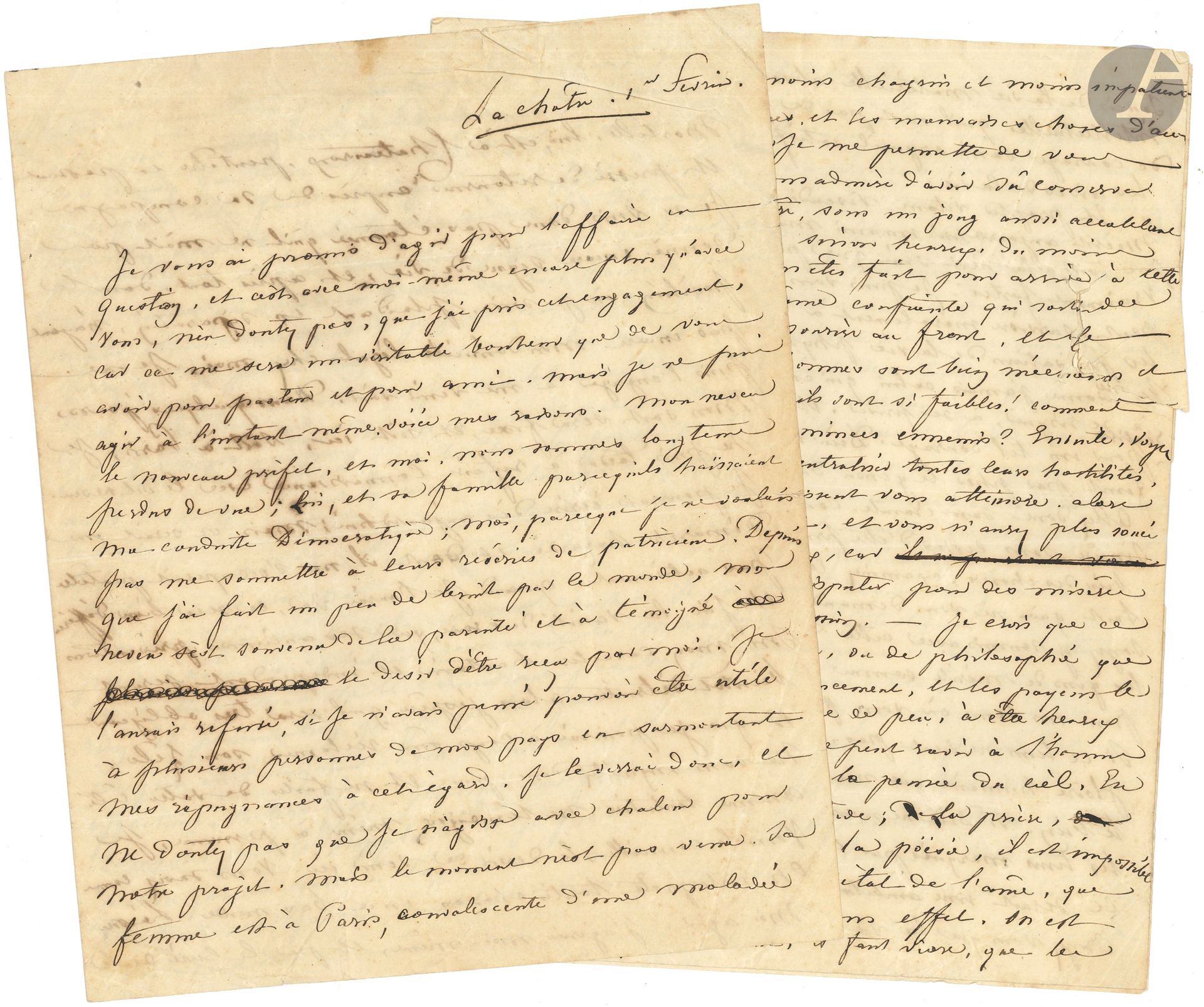 George SAND (1804-1876). L.A.S. «G», La Châtre 1er février [1836], à l’abbé Georges Rochet, «desservant de La Champenoise»; 9pages in-4, adresse (petites déchirures aux derniers ff. sans perte de texte).
Longue et superbe lettre sur son procès en séparation contre son mari, son travail sur la nouvelle version de Lélia, et sur la philosophie et la religion.
[L’abbé George Rochet (1803-1881), prêtre berrichon peu orthodoxe, avait entamé en décembre 1835 avec Sand une correspondance philosophique; il séjournera à plusieurs reprises à Nohant.]
Le début de la lettre concerne le souhait de Rochet d’être nommé à la cure de Saint-Chartier (dont le curé vient de mourir), et Sand serait certes heureuse de l’avoir «pour pasteur et pour ami». Mais elle est en froid avec son neveu, nouveau préfet de l’Indre (Léonce Vallet de Villeneuve), «lui, et sa famille parce qu’ils haïssaient ma conduite Démocratique; moi, parce que je ne voulais pas me soumettre à leurs rêveries de patriciens». Il semble vouloir se rapprocher d’elle; mais «dans la position où je suis, plaidant en séparation, n’ayant pas encore mon domicile légal chez moi, je ne puis l’engager à me venir voir». Elle espère pouvoir bientôt agir en faveur de Rochet, et serait prête à aller voir l’archevêque de Bourges. «Mais vous concevez que dans la position incertaine où je suis, je ne puis rien faire. Mon procès sera jugé devant l’opinion aussitôt qu’il le sera devant les tribunaux. Les hommes sont si vains dans leurs jugemens, qu’il n’est permis d’avoir raison qu’en vertu de l’arrêt de trois hommes souvent ineptes, souvent corrompus. Si je perds mon château, vous verrez que je perdrai bien des sourires et bien des révérences. Si je le gagne au contraire, je serai blanche comme neige et je pourrai me réclamer de mes grands parens. Ainsi est faite la société, il faut lui faire la guerre pour avoir la paix, il faut la vaincre et lui faire signer le traité qui assure notre dignité et notre repos, ou bien il faut se rendre à merci et porter ses chaînes. Ce dernier parti ne me va pas»...
Elle prête à Rochet son roman Lélia, emprunté à un ami: «Cet ouvrage est devenu très rare. J’espère bientôt vous offrir la nouvelle édition complette de mes rêvasseries. Soyez indulgent pour Lélia. Ce n’est pas un mets pour un prêtre ordinaire. Mais vous êtes au dessus de l’institution humaine, au niveau de l’institution divine. Ensuite, vous savez lire, vous verrez que je n’ai rien conclu, et que j’ai peint la souffrance humaine, l’espoir aux prises avec le doute. La fable n’est qu’une allégorie d’un bout à l’autre, et chaque personnage représente une passion, ou une faculté. Quand vous l’aurez fini, cherchez et vous trouverez. Ou interprétez à votre fantaisie, et ce sera tout aussi bon». Elle lui envoie également deux volumes de Platon, et elle réclame son roman Jacques: «j’en ai besoin pour corriger la seconde édition, et je n’ai pas d’autre exemplaire».
Puis elle conseille Rochet, exprimant ses idées sur la vie, la société et la religion. Elle voudrait qu’il soit «moins chagrin et moins impatient avec les mauvais hommes, et les mauvaises choses d’aujourd’hui», et qu’il arrive «à cette sérénité de l’âme confiante qui sort des rudes épreuves de la vie, le sourire au front, et le pardon sur les lèvres. Les hommes sont bien méchans et bien vils, j’en conviens, mais ils sont si faibles! Comment ne pas faire grâce à de si minces ennemis? […] vous les verrez se disputer pour des misères dont vous mépriserez la possession. – Je crois que ce moyen c’est une sorte de vertu, ou de philosophie que les chrétiens appellent le renoncement, et les payens le stoïcisme. C’est d’apprendre à vivre de peu, à être heureux des seuls biens que l’homme ne peut ravir à l’homme, la contemplation de l’univers, la pensée du ciel. En savourant les délices de la solitude, la prière, la méditation, l’étude et la poësie, il est impossible que l’on n’arrive pas à un tel état de l’âme, que les événemens extérieurs soient sans effet. […] Je puis vous le dire par expérience, on peut survivre moralement à tous les désastres, à toutes les privations de la vie physique. L’espérance du mieux, n’abandonne jamais celui qui est décidé à travailler, à se fatiguer, à se risquer, à se priver. Et toujours cette espérance se réalise pour un tel courage. Dieu lui tend les bras, et la société finit par plier le genou devant lui. Allez donc sans crainte, comme sans forfanterie. Soyez sincère, sans cesser d’être prudent. Transigez en souriant avec bien des choses […] Réservez vos forces pour un tems où vous pourrez en faire un noble emploi. Si ce tems ne vient pas, qu’importe? Ce n’est pas une gloire humaine que nous cherchons, c’est le moyen de faire le bien. Si Dieu ne nous off
