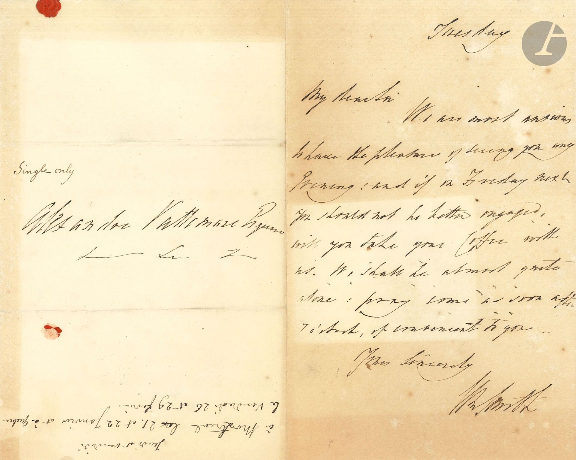 William SMITH (1769-1847) Canadian politician and historian. 2 L.A.S., [Quebec City, 1841], to Alexandre Vattemare; 1page in-8 each, in English, addresses.
Invitations to the famous philanthropist and impresario during his visit to Quebec City.
[Alexandre Vattemare (1796-1864), a ventriloquist, was a pioneer of international cultural exchange; among other things, he brought the Ioway Indians to Paris in 1845; in October 1840, he was in Montreal and, in February 1841, in Quebec City].
Smith here invites Vattemare to spend an evening at his home, and to come for coffee: "My family and myself are more anxious than the pleasure of your company"...
Attached is a fragment of a l.a.s. from Dominick Daly (1798-1868), provincial secretary for Canada East and member of the Executive Council (1844, 2p. in-12).