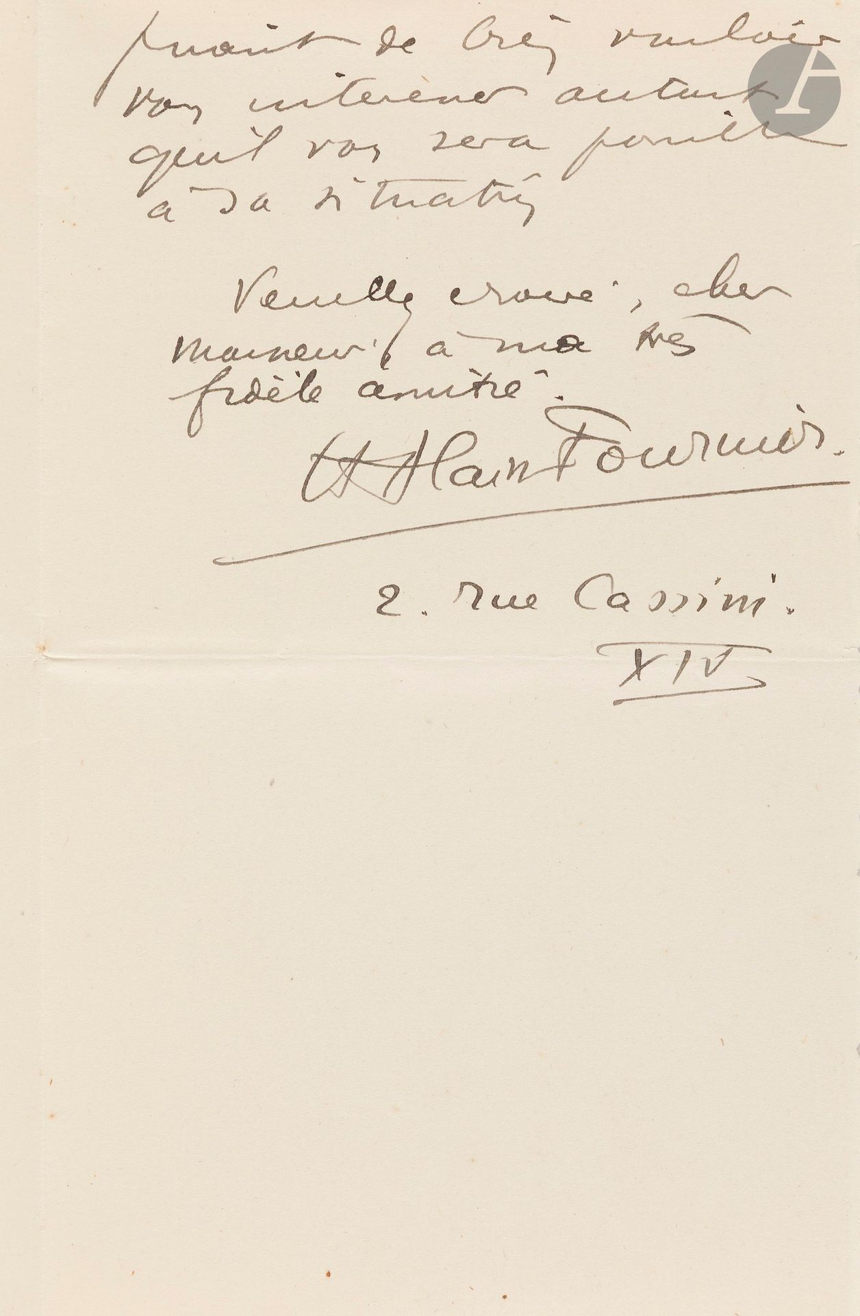 Henri ALAIN-FOURNIER (1886-1914). L.A.S., 4 novembre 1910, [à Charles Dumas]; 1page et demie in-8 sur papier vergé.
Il signale sa note du «Courrier des Théâtres» dans Paris-Journal, «intitulée l’envoi de Rome de M. Dumas» [frère de Charles, le compositeur Louis Dumas (1877-1952) avait remporté le grand Prix de Rome en 1906, et avait envoyé en 1910 un conte lyrique, Le Médecin de Salerne]. Il ajoute: «Un P.S. que j’avais consacré à votre comédie en un acte s’est trouvé coupé. Avertissez-moi dès que vous la présenterez quelque part et nous lui consacrerons une note plus importante». Il le prie de s’intéresser à la situation de Mme Sempastous. Il donne son adresse «2, rue Cassini».
[Un même sort a lié les deux hommes, morts pour la France en 1914: Alain-Fournier le 22 septembre, et Charles Dumas le 31 octobre. Le poète Charles Dumas (1881-1914) avait obtenu le prix Sully-Prudhomme en 1903 pour son premier recueil, L’Eau souterraine. Sa comédie en un acte et en vers, dont parle Alain-Fournier, Marceline, a été jouée à l’Odéon.]