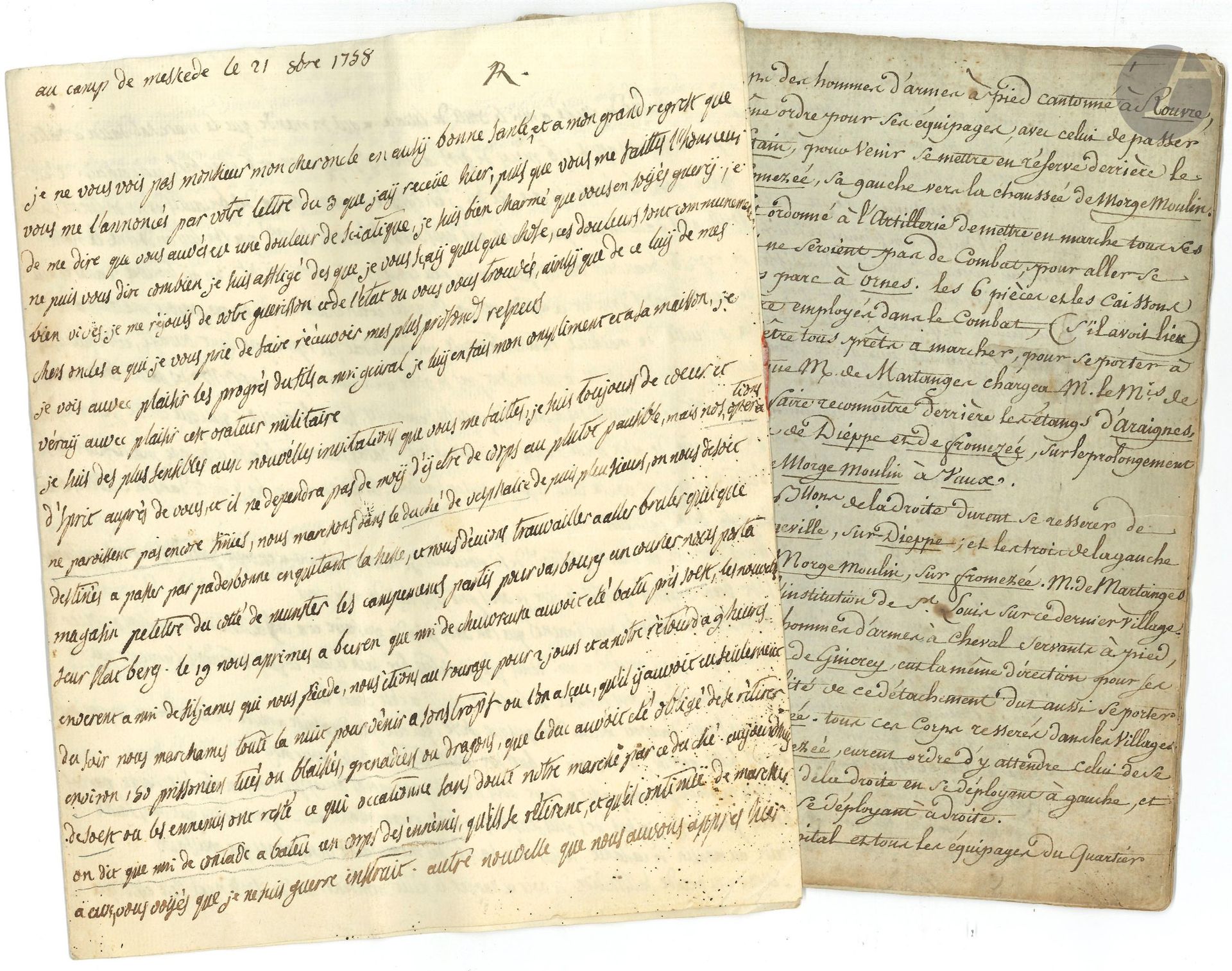 GUERRE DE SEPT ANS. L.A.S. et manuscrit, 1758 et [1761?]; 3pages in-4, adresse et cahier de 26pages in-4.
Camp de Meskede 21 septembre 1758. Lettre autographe d’un officier adressée à son oncle M. de Maillac vicomte de Monclar à Montauban en Quercy. Détails sur la campagne en Wetphalie, et la défaite du duc de Chevreuse à la bataille de Soest: «il y auroit eu seulement environ 150 prisonniers tués ou blaissés, grenadiers ou dragons [...] on dit que Mr de Contades a battu un corps des ennemis, qu’ils se retirent, et qu’il continue de marcher»…
Relation des mouvements dans la région de la Meuse (Rouvres, Etain, Verdun, Gincrey, Morgemoulin, etc.) du dimanche 7 au samedi 13 [1761]; le général-major de Martange, lieutenant général des armées, est maintes fois cité, ainsi que les comtes de Toulouse, de Lautrec, de Lowendal, d’Hector, le prince de Holenhohe; l’ennemi passe la Meuse; le quartier général se déplace d’Étain à Nouillonpont et à Cuttry. Lundi 8. «Rapport intéressant de M. le Cte de Lautrec, d’après celui de M. d’Acton Lieutenant Colonel des hussards de Saxe, qui après avoir percé la forest pour arriver sur la chaussée de Metz à Verdun, et dirigeant sa patrouille sur la chaussée, face à Manheult, avoit rencontré une patrouille de hussards Prussiens qui l’avoit averti qu’en allant plus avant sur cette route, il couroit risque d’être enveloppé par des gardes nationaux et paysans réunis […] il apprenoit que la grande armée Prussienne avoit fait halte sur la Meuse à Consanvoix»… Etc.