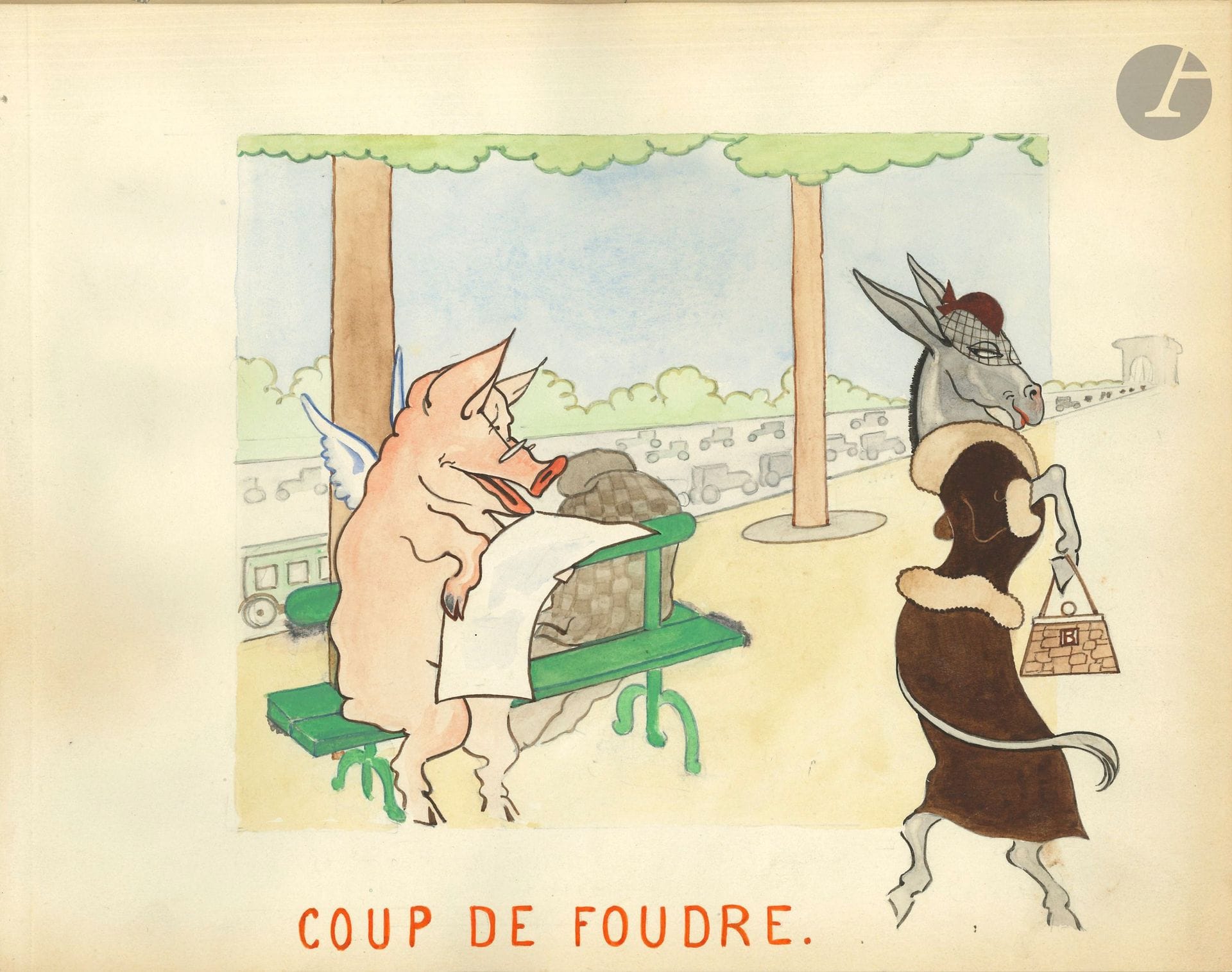ALBUM HUMORISTIQUE. Album de 9 dessins aquarellés intitulé Histoire extrêmement pénible de Monsieur Cochonnet et de Mademoiselle Bourriquette, [vers 1920?]; page de titre et 9 planches (24x31cm) montées sur onglets, en un volume oblong in-fol. cartonné toile bise.
Amusant album sur les amours d’un cochon et d’une bourrique, que Cochonnet trompera avec une girafe.
2 dessins aquarellés ont été glissés dans l’album, dont un signé M, représentant vraisemblablement le dessinateur, un en tenue de marcheur, l’autre accoudé à son bureau devant lequel danse une dame relevant très haut sa robe; plus une gravure annotée «Poisson gravé par Michel sur bois».
On joint un carnet de dessins par «Paulette Bouvas (14 ans)», 1918 (11 ff,, 14,5x23cm).