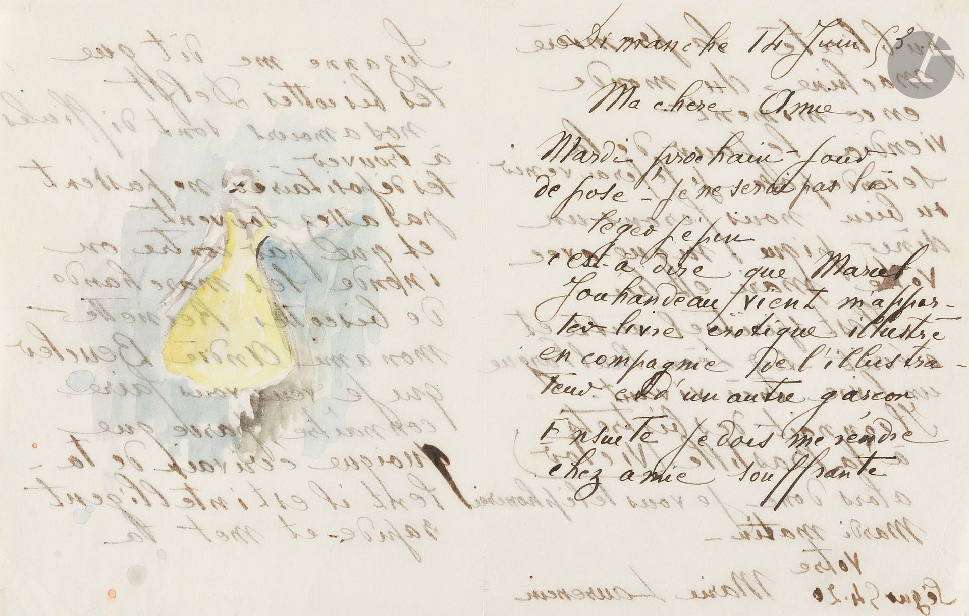 Marie LAURENCIN. L.A.S. avec aquarelle originale, 14 juin 1953, à une amie; 4 pages in-12, plume et aquarelle.
Jolie lettre illustrée en dernière page d’une jeune femme en robe jaune à l’aquarelle.
Elle remet la séance de pose de mardi: «Marcel Jouhandeau vient m’apporter livre érotique illustré en compagnie de l’illustrateur et d’un autre garçon. Ensuite je dois me rendre chez amie souffrante». Elle se plaint que les biscottes Delft, «nos amours», soient si difficiles à trouver alors qu’on inonde les marchands de biscottes Reinette! Elle veut lui faire connaitre André Beucler, «parce que quoique écrivain de talent il est intelligent rapide – et met la publicité la première machine du monde en ce moment. […] Il est spirituel aussi et a écrit sur Léon-Paul Fargue un livre très vivant. Il connait des bistrots à la Bastille»…
Sur la dernière page, charmante aquarelle: jeune femme en robe jaune, sur fond bleu.