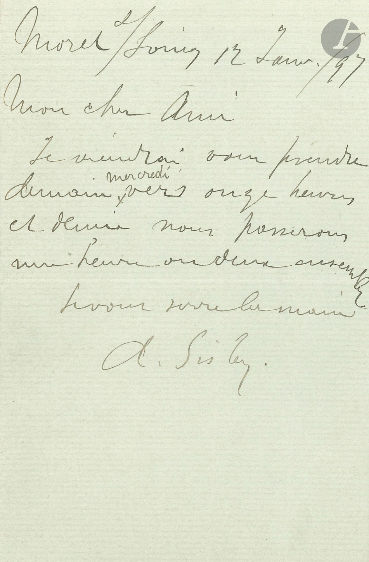 Alfred SISLEY (1839-1899). L.A.S., Moret s/Loing 12 janvier 1897, à un «cher ami»; ¾page in-8.
Il viendra le prendre le lendemain mercredi vers onze heures et demie nous passerons une heure ou deux ensemble»…