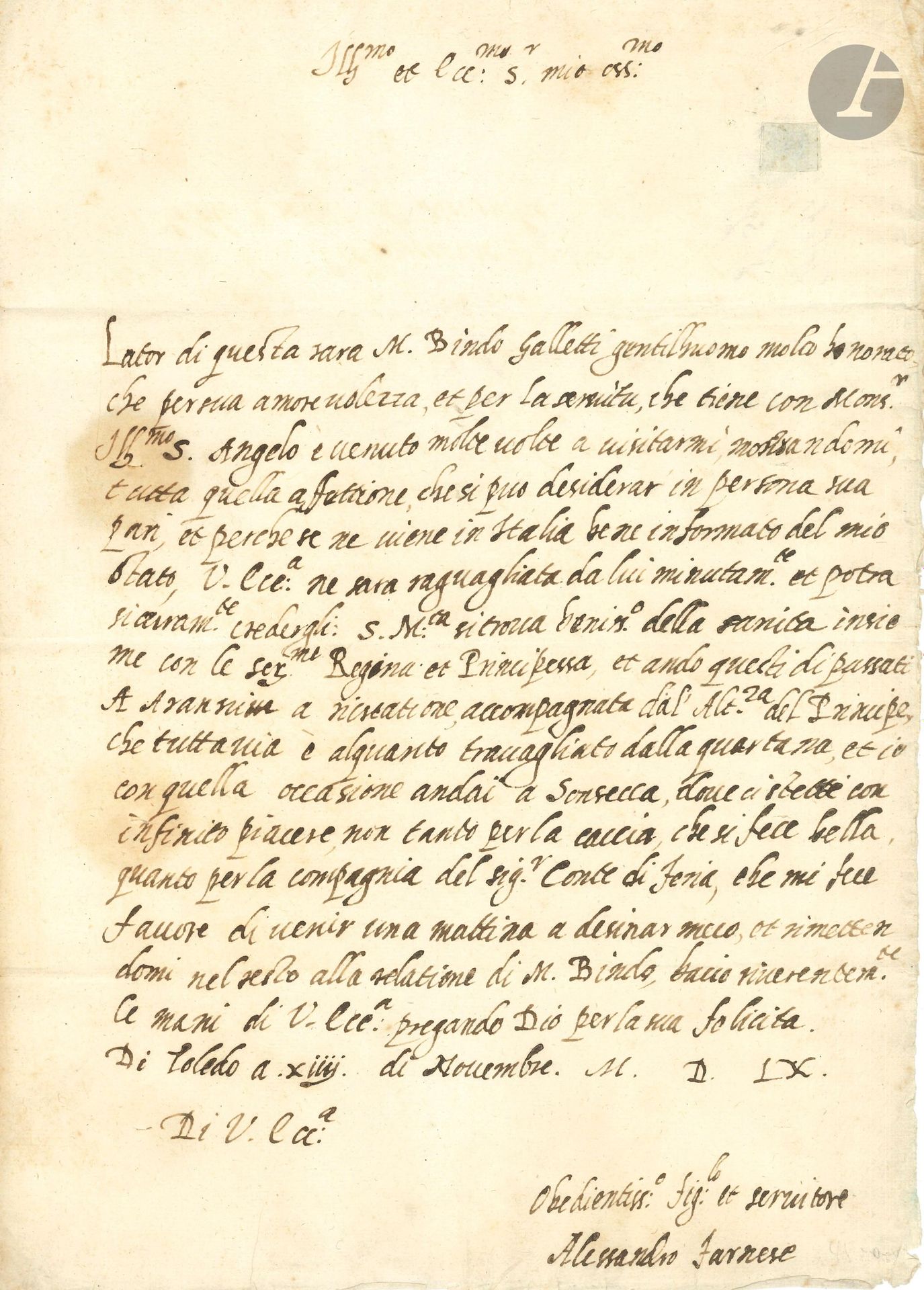 ITALY. 29 letters or pieces, mostly L.S., 1496-1854; in Italian.
Alessandro Farnese (Toledo 1509, to the Duke of Parma). Tomaso Machiavelli (2, Rome 1562, to Margaret of Austria). Cardinal Farnese (2 to the Duke of Parma, Caprarola 1576 and Rome 1582). Guglielmo Gonzaga Prince of Mantua (dalla Montata 1581, to the Duke of Parma). Cosimo II de Medici Grand Duke of Tuscany (Firenze 1612, to Leonardo Martellini in Ferrara). Fabrizio Sforza Colonna (Lodi 1616). Francesco de Medici (Prague 1633, to the Duchess of Parma). Francesco I d'Este (11, 1649-1659, to Marquis Villa, partly in figures, including a L.A.S., from various camps, Cremona, Parma, Turin, Marignano, Modena...). Laura Martinozzi Duchess of Modena (1670, to Marquis Villa). Charles-Emmanuel III, King of Sardinia (Turin 1752). Maria Isabella, Queen of the Two Sicilies (2 including one L.A.S., Genoa 1830 and Naples 1832). Carlo Felice (patent, Altacomba 1830). Patent of the Republic of Sammarino (1854). Etc.
A manuscript of 16th-century historical notes (23 ff, in-8 hardback) and a letter of credit from the Banco di Corte (Naples 1806) are enclosed.