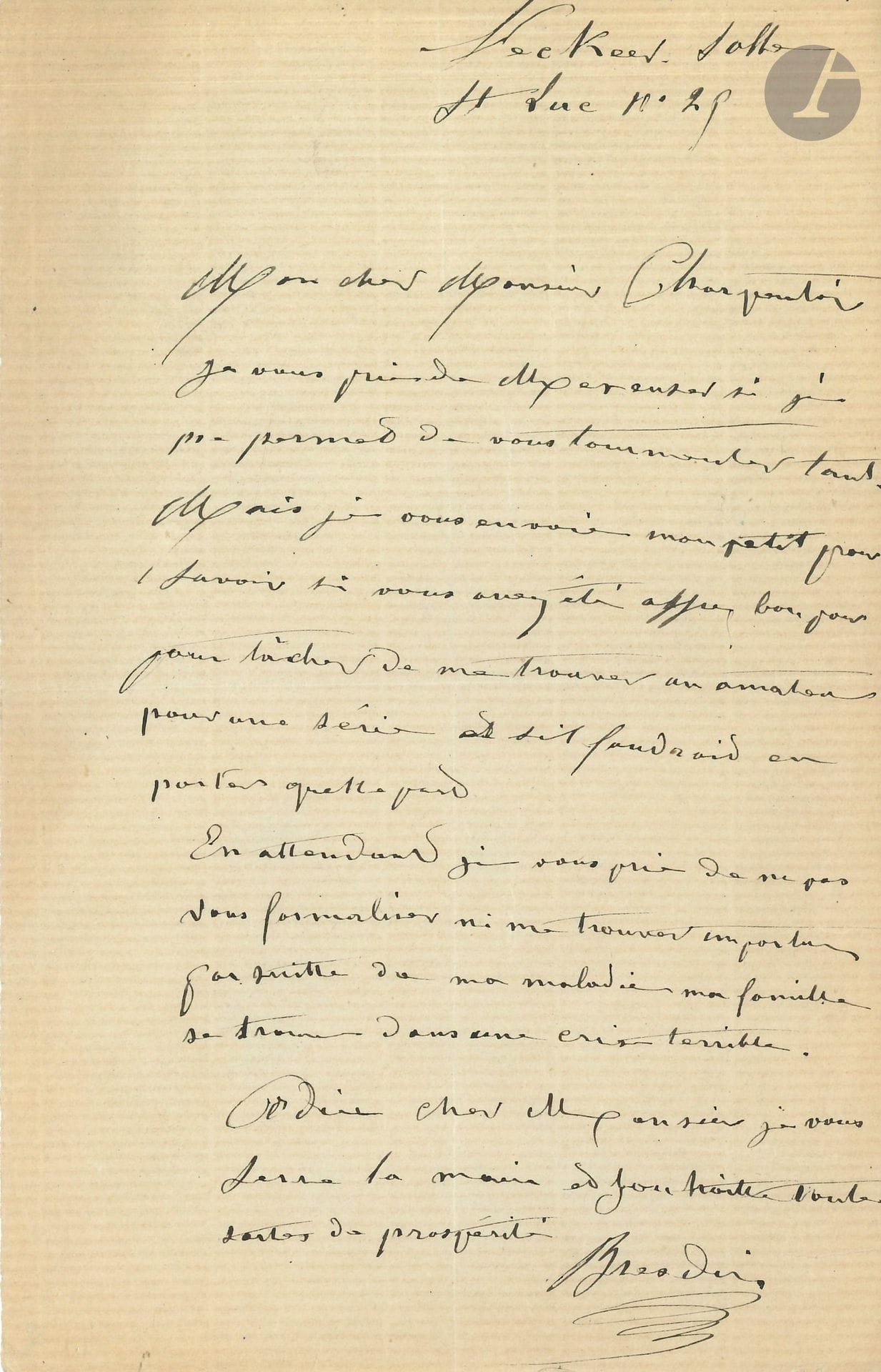 Rodolphe BRESDIN (1822-1885). L.A.S., [Hôpital] Necker salle St Luc [avril 1870?], à l’éditeur Georges Charpentier; 1page in-8 (petite fente).
«Je vous prie de m’excuser si je me permets de vous tourmenter tant. Mais je vous envoie mon petit pour savoir si vous avez été assez bon pour tâcher de me trouver un amateur pour une série et s’il faudrait emporter quelle part. En attendant je vous prie de ne pas vous formaliser ni me trouver importun par suitte de ma maladie ma famille se trouve dans une crise terrible»…
On joint une l.a.s. de sa fille Rodolphine Bresdin, Paris 28 février 1912, à Cadet-Garguille (3p. in-8); elle rectifie la légende et précise que, si sa mère est décédée, les six enfants (et non quatre) du graveur sont bien vivants. Comme aînée, elle n’a pas cessé «de lutter de toutes mes forces pour remettre en honneur la mémoire de mon père. Malheureusement mes ressources étant modestes et les occasions de vendre les épreuves que je possède de quelques-unes de ses œuvres ayant été trop rares le résultat de mes efforts a été lent à se produire. Il semble cependant depuis quelques années que le nom de Rodolphe Bresdin sorte de l’oubli immérité dans lequel il a été trop longtemps plongé»… Plus la reproduction d’une signature de Baudelaire.