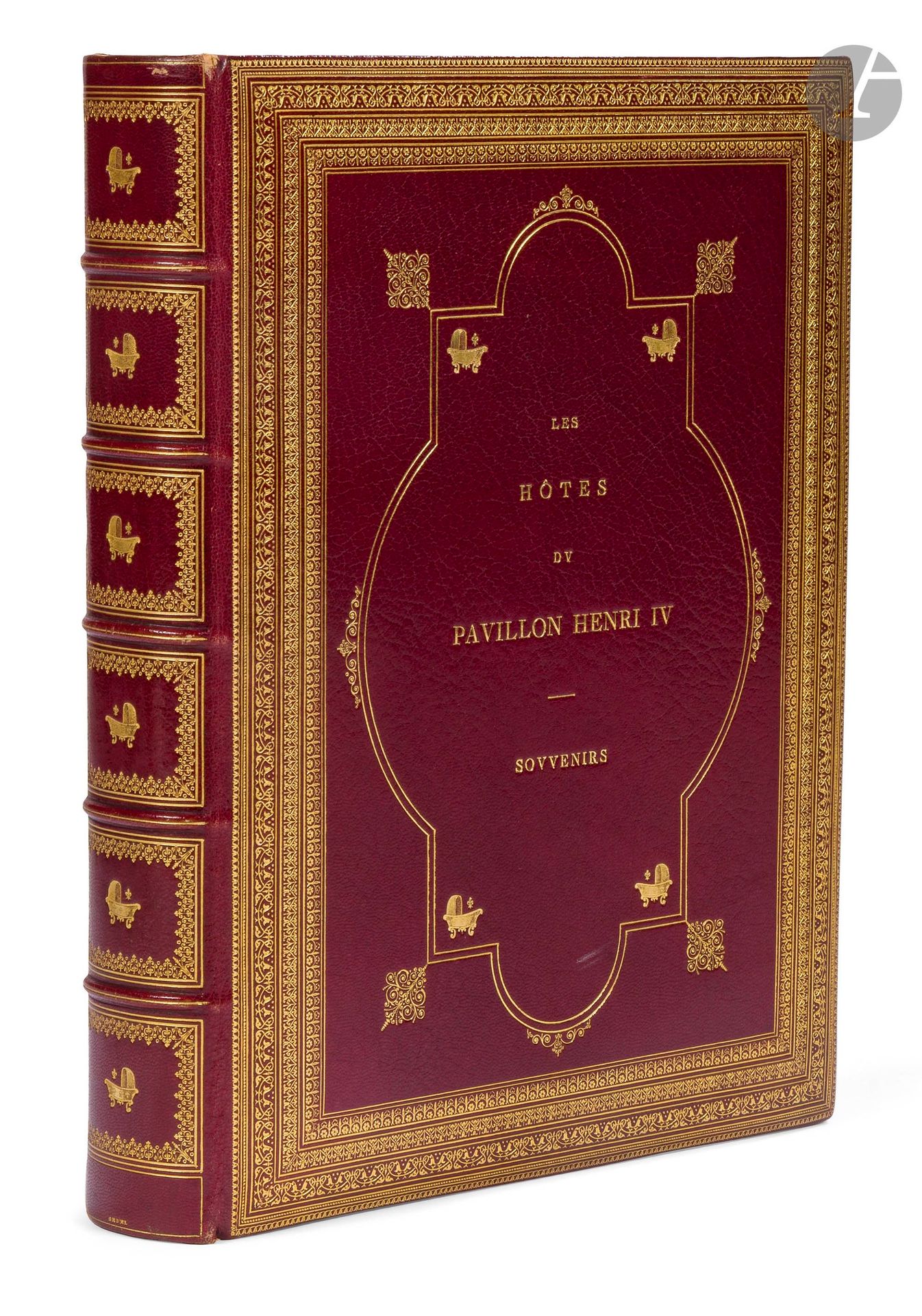 GOLDEN BOOK. Album, Les Hôtes du Pavillon Henri IV. Souvenirs; large folio album (30.7x23cm), 31 sheets of strong paper mounted on tabs (plus blank ff.); rich garnet morocco binding, wide framing lace and gilt fillet and fleuron decoration with the arms of Saint-Germain-en-Laye (cradle surmounted by a fleur-de-lys) on the inner corners of the boards, gilt title on the upper board.purple moire linings and framing roulette with inserted objects, purple moire endpapers; 5-rib spine forming 6 caissons decorated with the royal cradle, with bookbinder Gruel's signature at the tail; gilt edges; edged folder titled Jacques Coutant - Souvenirs, slipcase (a little rubbed).
Rich guestbook from the Pavillon Henri IV hotel-restaurant in Saint-Germain-en-Laye, run by Georges Barbotte after his father.
On the album's pages, through autographs, thoughts, poems, drawings and music, the Pavillon's guests parade by: writers, musicians, painters, actors, politicians... A few drawings have been added and pasted onto the pages.
The last pen by Adolphe THIERS (who died at the Pavillon on September 3, 1877) and 3 brushes by Ernest MEISSONIER have been inserted inside the 1st cover of the binding, secured with small tricolored ribbons.
L.A.S. from Ernest MEISSONIER, Poissy September 11, 1877, to M. Barbotte (2p. in-12 in his cipher, mitered): "I'm afraid the brush you've found, if it's big enough and used for watercolors, isn't one of those I used to paint Monsieur Thiers; but if you'd like to have the ones I used, I'll send them to you, understanding that you want to preserve all the memories of this great event that now makes your house more historic than ever. This is where the tireless steps of the greatest of citizens stopped, this is where the thought of one who never ceased to give all of his to his country, which he loved more than anyone else, stopped: if ever a place deserved to be consecrated, this is it, and you will be doing a noble deed in doing so"...
Autograph poem by Henri MEILHAC, J. Offenbach, evoking the memory of the composer (who resided at the Pavillon on several occasions), 9 lines: "Is there a single corner on earth / Where his name is not known?"...
Drawing by Édouard DETAILLE, signed and dated "St Germain en Laye 7bre 1881": officer with one hand on his saber, the other holding a cigar, pen and Indian ink.
Musical P.A.S. from Victor MASSÉ, quotation from Paul et Virginie: "par quel charme dis-moi m'as-tu donc enchanté?", September 1881 (one line of music and lyrics).
P.A.S. by Philippe GILLE, excerpt from his play Les Charbonniers.
P.A.S. by Léo DELIBES, excerpt from the ballet Sylvia (Les Chasseurs), 7 bars on 2 staves Allegretto marcato, "Forêt de St Germain 1882".
P.A.S. by Albert WOLFF, Au Vautour! apostrophizing the vulture brought back from Africa by Alexandre Dumas and evoking the "great novelist who wrote Les Mousquetaires and Monte Christo at the Pavillon Henri IV"... - Opposite, drawing of the vulture with the Saint-Germain-en-Laye coat of arms, Indian ink, signed "Th. Darros Lecourt" (?), dated November 1889.
Quatrain a.s. by Raoul TOCHÉ, August 8, 1882: "S'efforçat-on sous un baillon/ D'étouffer une rude franchise,/ Je crierais que ce Pavillon/ Couvre une bonne marchandise".
P.A.S. by Anna JUDIC: "Si j'avais su j'serais pas descendue", August 8, 1882.
Drawing by François BONVIN: woman working under the lamp, signed and dated 1883, pen and ink (14.5x17cm).
Drawing by Jean-François MILLET: path in a forest, graphite, studio stamp (9x6.5cm).
Signature "Princess Yourievsky, Widow of H.M. Emperor Alexander II" [Ekaterina Dolgorouki, "Katia"].
P.A.S. by Ludovic HALÉVY, "Letter from Pauline Cardinal", from Petites Cardinal, September 9, 1883.
Musical P.A.S. by Jules MASSENET, excerpt from Act II of Manon: "C'est fête au Cours la Reine!... Il est temps qu'on se régale!..." (6 bars), September 16, 1883 "(avant le dîner)".
Musical P.A.S. by Henri HERZ, Valse pour piano (8 bars), September 16, 1883 "(après le dîner)".
Drawing by Jules-Émile SAINTIN, rocks in a forest, dated "August 84", graphite (12.5x21 vm); in margin, signature of René WALDECK-ROUSSEAU.
Signature and date of Louis PASTEUR: "L. Pasteur ce 17 juillet 1885".
Autograph poem signed by Henri de BLOWITZ, Peut-être! 9 quatrains, July 1887: "J'aime le Pavillon, mais je hais le Vautour"...
Menu of July 28, 1887, illustrated with a watercolor by Édouard DETAILLE depicting Louis XIV in a saucepan.
P.A.S. from Louis GANDERAX, August 29, 1887: "What a pleasure, if you love history, to live in this house"...
P.A.S. 