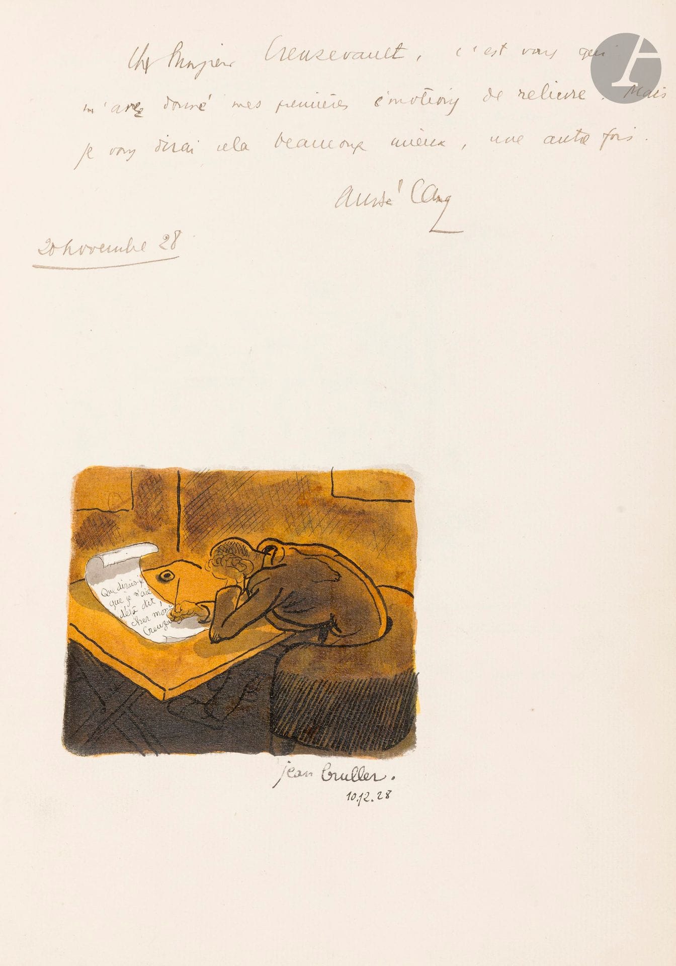 [Henri CREUZEVAULT (1905-1971)]. Livre d’or, 1928-1956; volume in-4 (30,5x23cm) de 150 ff. de papier vergé, relié maroquin rouge brique sur ais de bois biseautés, dos à 2 nerfs épais, tranches dorées, étui.
Important livre d’or du relieur, puis galeriste, rassemblant plus d’un millier de signatures avec quelques poèmes, pensées et dessins.
Les 24 premiers feuillets sont consacrés au relieur, de 1928 à 1954, avec des pensées et textes par Pierre Bergé, Abel Bonnard, Maurice Donnay (page d’hommage à Creuzevault), Henri Garat, Fernand Gravey, André Lang, André Maurois, Yves Mirande, Anna de Noailles, Maurice Rat (quatrain), Henri de Régnier (sonnet Le Relieur), Jane Renouardt, Suzy Solidor, Jules Truffier, des dessins par Paul-Adrien Bouroux (vue d’Assise, plume), Jean Bruller (écrivain, plume et aquarelle), Edgar Chahine (jeune fille à la sanguine), Louis Charlot (vagabond, plume), Louis Jou (Piéta, lavis de sépia), Albert Montmerot (paysage à la plume), Luc-Albert Moreau (ange devant des reliures, fusain), Sylvain Sauvage (personnages XVIIIe, plume et aquarelle), et des signatures, dont Marlène Dietrich…
L’album, retourné, a servi de livre d’or à la galerie Creuzevault, de 1949 à 1956 (expositions Buffet, Couturier, Laurens,  Marcoussis, Permeke, Rouault, etc.), avec quantité de signatures d’artistes, collectionneurs, critiques, et personnalités: Adam, Aizpiri, Fr. Adler, P. Albert-Birot, Avati, Baderou, Beaurepaire, Berggruen, G. Besson, Bezombes, Bierge, Bonfils, Boullaire, Braque, Broder, Buffet, Busse, J. Cain, Carzou, J. Cassou, Cavaillès, César, Charensol, Charlot, Ciry, Clerté, Cocteau, Commère, Cortot, de Coster, Coutaud, Couturier, M. Dard, D. Darrieux, Desnoyer, Despierre, Deyrolle, Dufet, Fougeron, W. George, A. et D. Giacometti, Gilioli, Giono, Granville, Gromaire, Halicka, Hugnet, Jacno, Jacquemin, Od. Joyeux, Kerg, Kischka, Lacourière, J. de Lacretelle, Lagrange, Lanskoy, Lartigue, Legueult, Lobo, Lorjou, Dora Maar, Madoura, Magnelli, Jean Marais, Marchand, Marty, E. Masurel, Mauriac, Monny de Boully, Morvan, Mourlot, Oguiss, Oudot, Permeke, Piaubert, Planson, Pougny, Richier, Cl. Roger-Marx, Rohner, Sandoz, Savin, Seuphor, Sorlier, Survage, G. Tailleferre, Tamburi, Tchelitchev, Terechkovitch, Trémois, Tutundjian, Venard, D. Vierny, Villemot, Yencesse, Zadkine, etc.
On joint un autre livre d’or de la galerie Creuzevault (grand in-8) dans une reliure ancienne, maroquin rouge «à la fanfare» aux petits fers, plats intérieurs de maroquin vert richement orné aux armes du cardinal Mazarin, tranches dorées, sous emboîtage; seuls 8 ff. sont remplis, avec un hommage à Creuzevault par Dor de la Souchère, et des signatures: B. Anthonioz et G. de Gaulle Anthonioz, A. Chamson, P. Courthion, B. Dorival, Clavé, Kijno, etc.