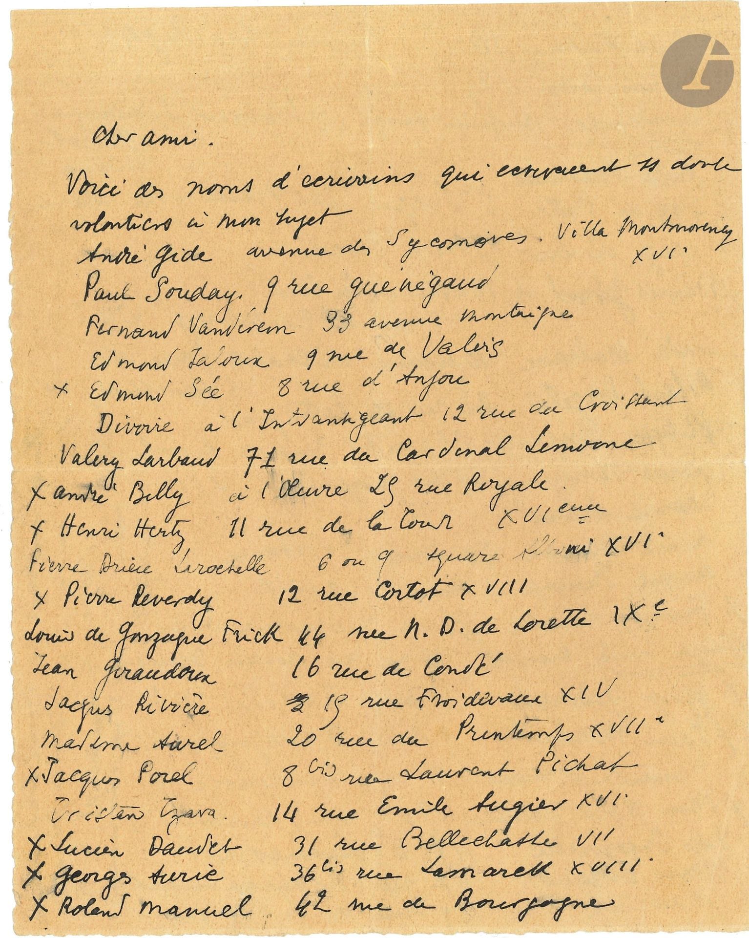 Max JACOB. Carte a.s. et L.A., 1922-[1923], à Franz Hellens; carte postale illustrée (Saint-Benoît-sur Loire, portal Nord) avec adresse, et 2pages petit in-4.
Saint-Benoît-sur Loire 28 octobre 1922. «Cher ami, Ce nom nous va bien. Et va bien aussi le reste de votre lettre. Mais vous ne me promettez pas d’épreuves. C’est si important!!»…
[1923]. Longue liste de noms avec adresses «d’écrivains qui écriraient sans doute volontiers à mon sujet»: 47 noms, d’André Gide à Joseph Delteil, dont Larbaud, Reverdy, Tzara, Mac Orlan, Carco, Limbour, Malraux, Soupault, Morand, Béraud, Mauriac, Cendrars, Leiris, Jouhandeau…