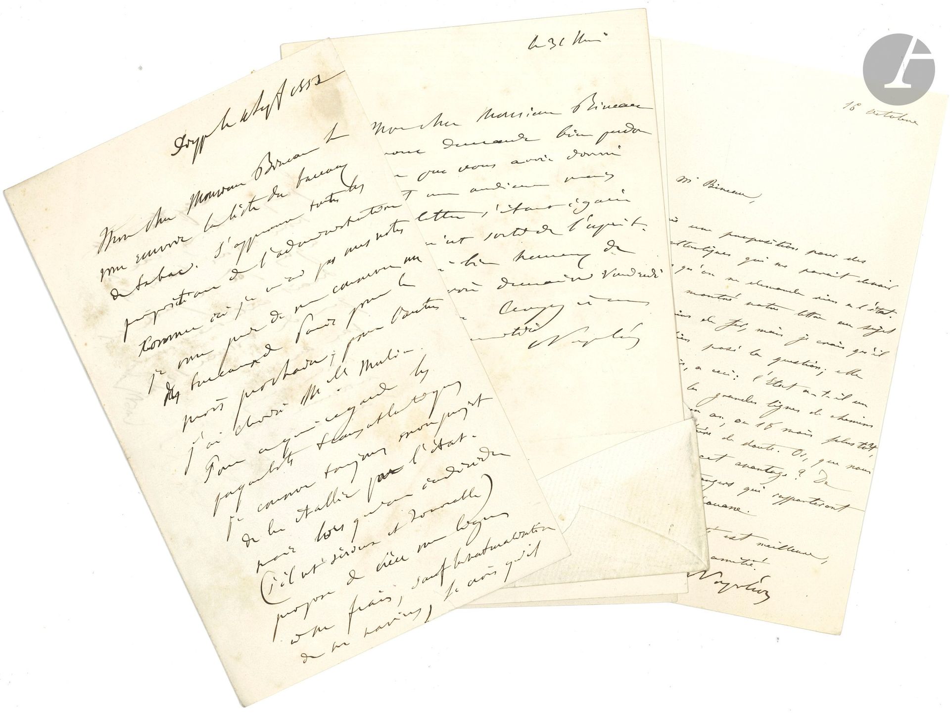 NAPOLÉON III (1808-1873). 3 L.A.S. et 4 L.S., 1853-1855, à Jean-Martial Bineau; 8pages in-8 (2 à son chiffre couronné), 2 enveloppes
À son ministre des Finances. Dieppe 4 septembre 1853, il approuve les nominations pour les bureaux de tabac, et donne des instructions concernant les paquebots transatlantiques… – 16 octobre, au sujet de rails et de lignes de chemin de fer. – 31 mai [1853], pour une audience. – Biarritz 10 août 1854, approuvant les améliorations dans les postes. – Saint-Cloud 8 octobre 1854, concernant des terrains en vente à Auteuil et le chemin de fer de ceinture….