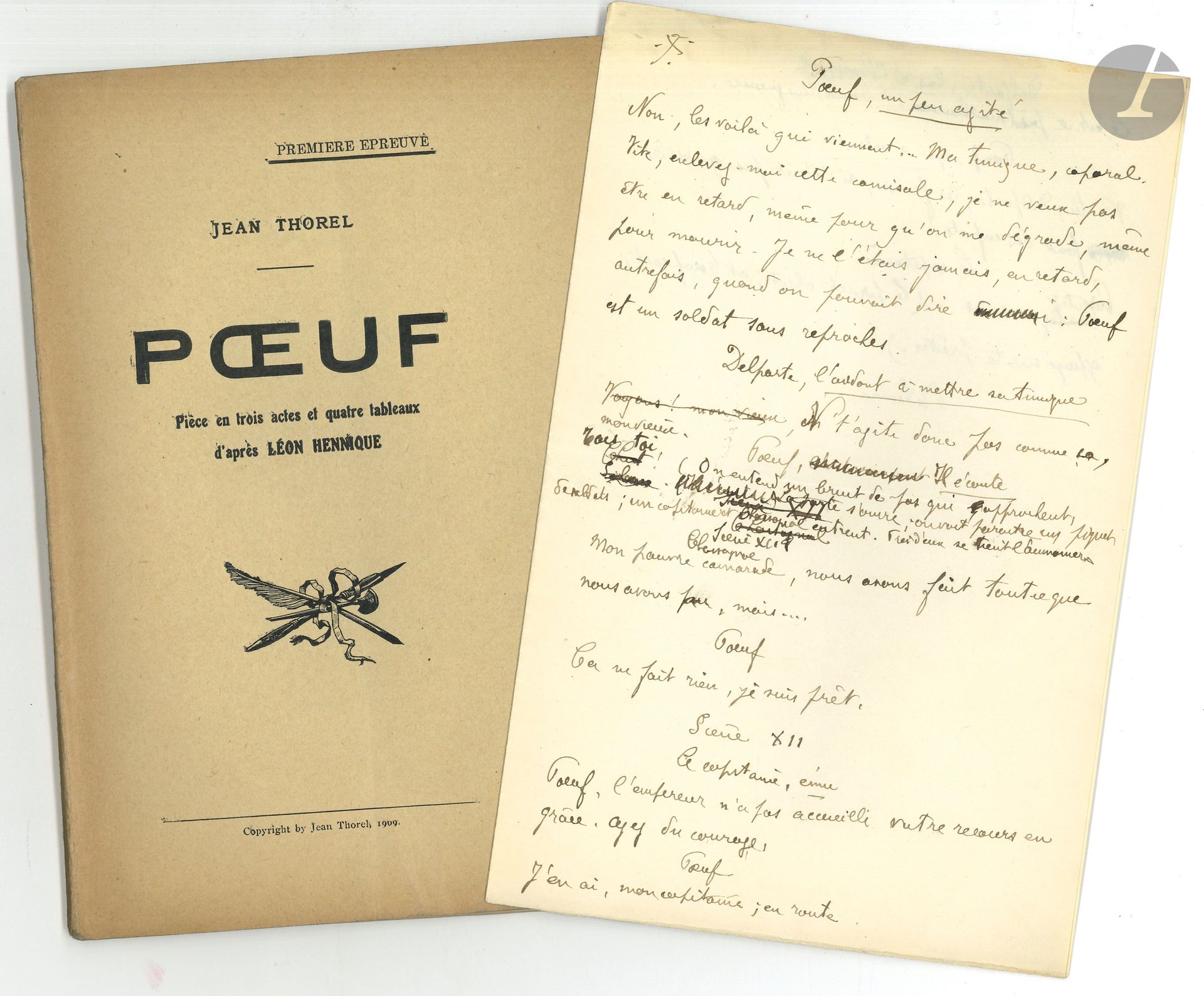 Léon HENNIQUE. 6 L.A.S. and one P.A., [1912]-1920; 10pages in-8.
Concerning the theatrical adaptation of his short story Pœuf (1887) in 1909 by Jean Thorel (1859-1916). 3 letters to Thorel reporting on his approaches to Gémier to have the play performed, who promised to give it no later than the end of January 1913. In June 1920, 3 minutes of letters to Firmin Gémier remind him of his commitment...
Enclosed: - 2 stapled "first proof" sets of the unpublished play Pœuf (Imprimerie de L'Illustration, 1909), one corrected by Thorel, who inserts 9 pages, and the other in which Hennique inserts a 2-page autograph addition; - 12 letters (or copies of letters) relating to the play, 1909-1920: René Baschet (treatise on the play's publication), Ch. Maudru (of Théâtre Antoine), Firmin Gémier, Porel and Mme Thorel.