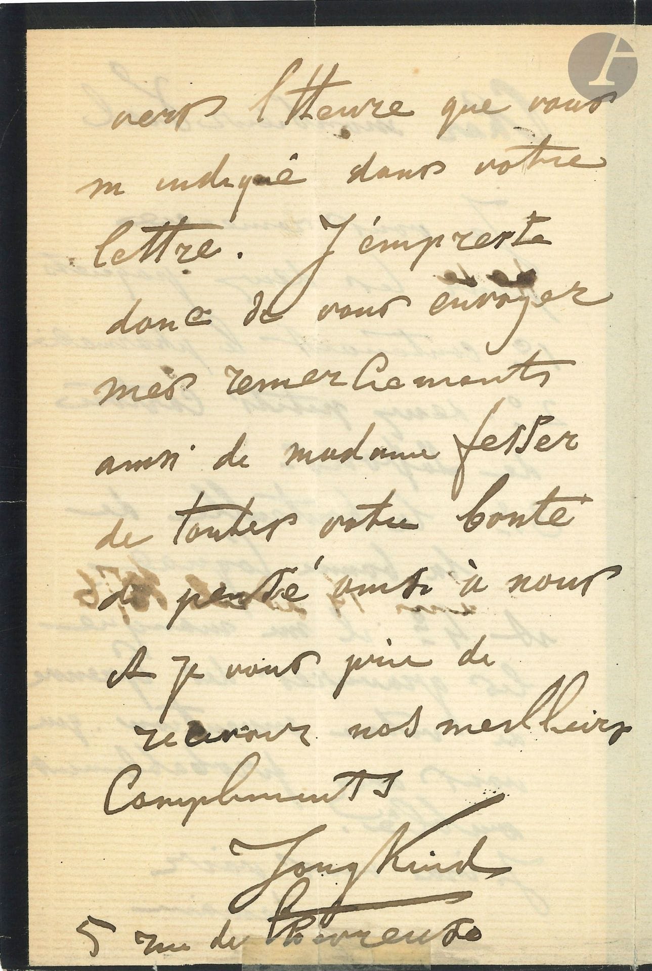 Johann Barthold JONGKIND (1819-1891). L.A.S., Paris 14 avril 1876, à M. Vial; 2pages et demie in-8 (deuil).
Il remercie pour l’envoi de médicaments et d’une «bouteille de la bonne Cognac», mais il manque «les gravures des épreuves de votre invention, que vous avez probablement oublié». Il le remercie, et ira le voir avec Mme Fesser.