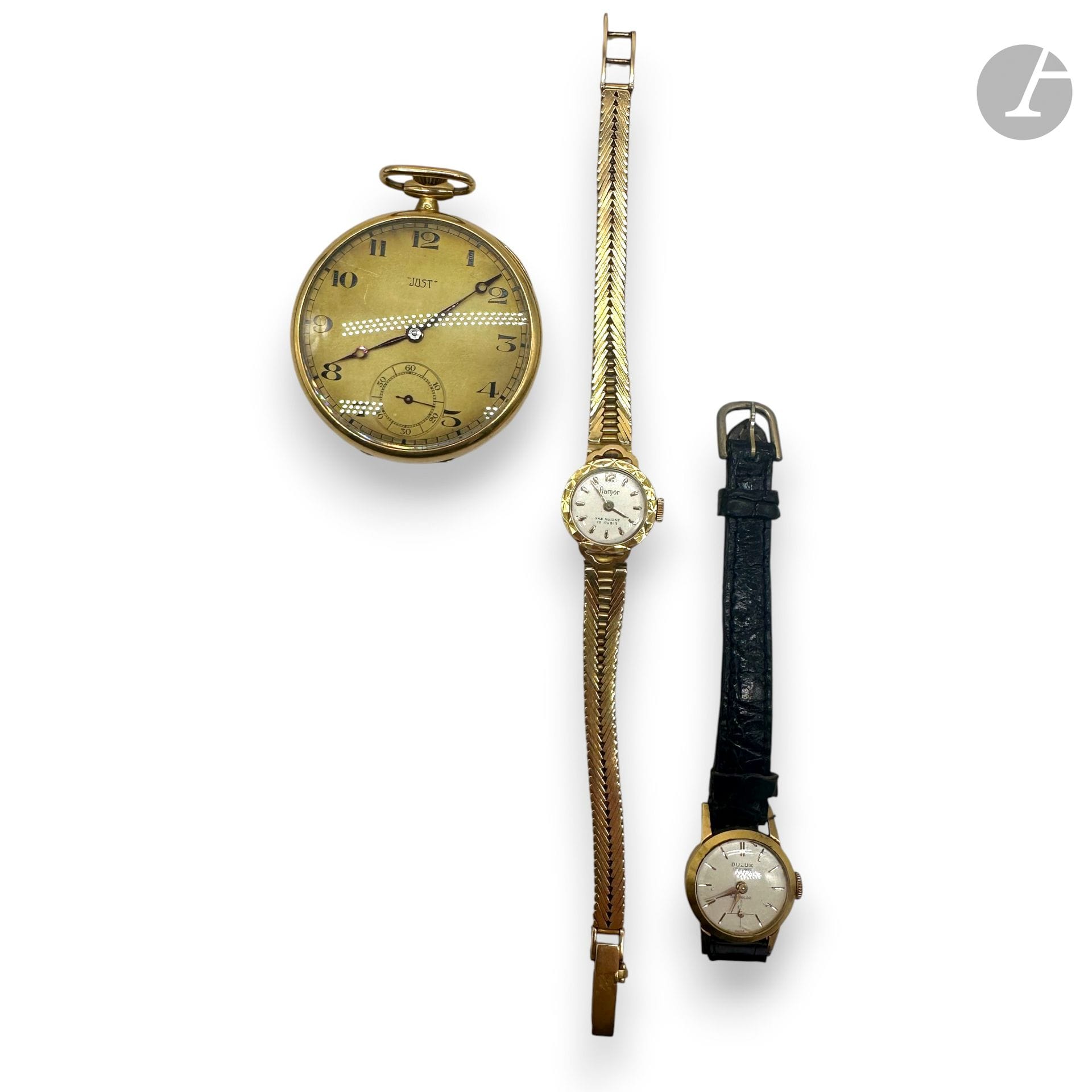 Lot de trois montres en or 750/°°° : 
- FIAMOR, travail suisse, mouvement à 19 rubis. Boîtier et bracelet en or.
Poids brut : 24,7g
- DULUX, travail suisse, mouvement à 17 rubis. Boîtier en or.
Poids brut : 9,5g
- JUST, montre de précision de poche en or avec son bulletin de garantie. Compteur séparé pour les secondes.
Poids brut : 52,7g

FRAIS DE VENTE : 8% HT