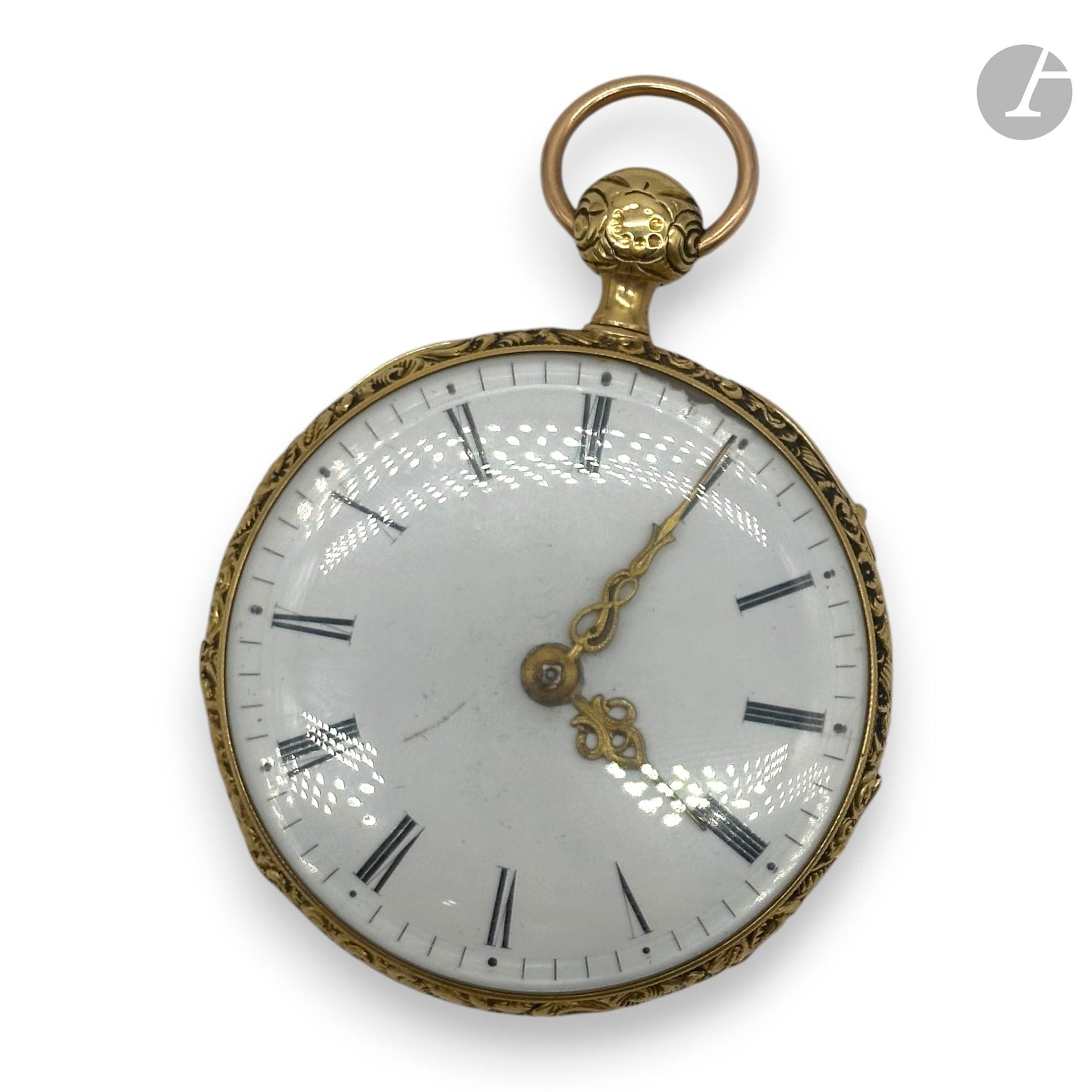 750/°°° gold pocket watch with mechanical winding (key missing), enameled dial and Roman numerals. 
Intermediate shell inscribed: "Four-hole ruby cylinder escapement".
Gross weight: 88g

SELLING EXPENSES : 8% HT