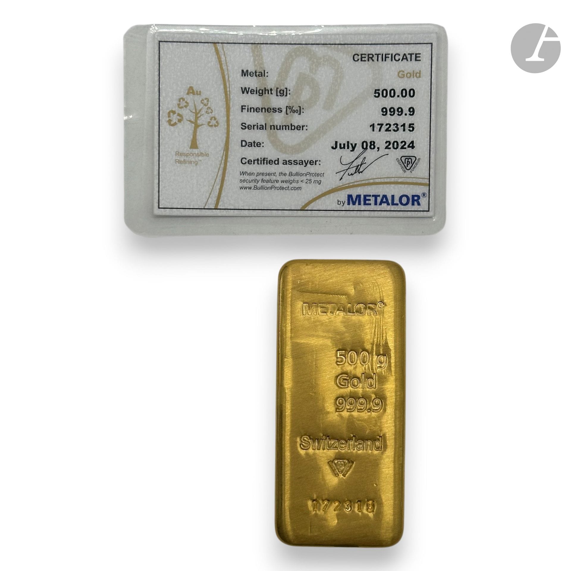 Lingot en or 999.9/°°° de 500g
Numéro de série : 172315
Date : 8 juillet 2024
Avec certificat.

FRAIS DE VENTE : 8% HT