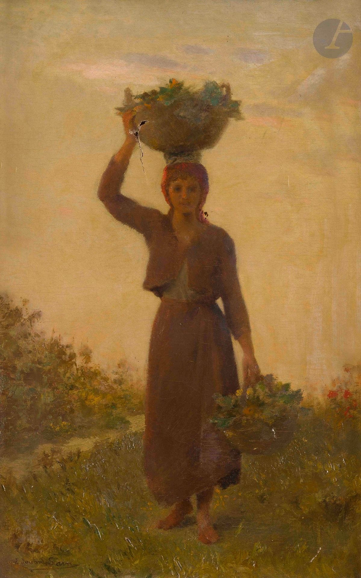 Édouard SAIN (1830-1910)
Capri, retour de la vigne
Huile sur toile.
Signée en bas à gauche.
Signée et numérotée " 201 " au dos.
(Accident).
61 x 38 cm

Provenance : 
Famille de l'artiste.