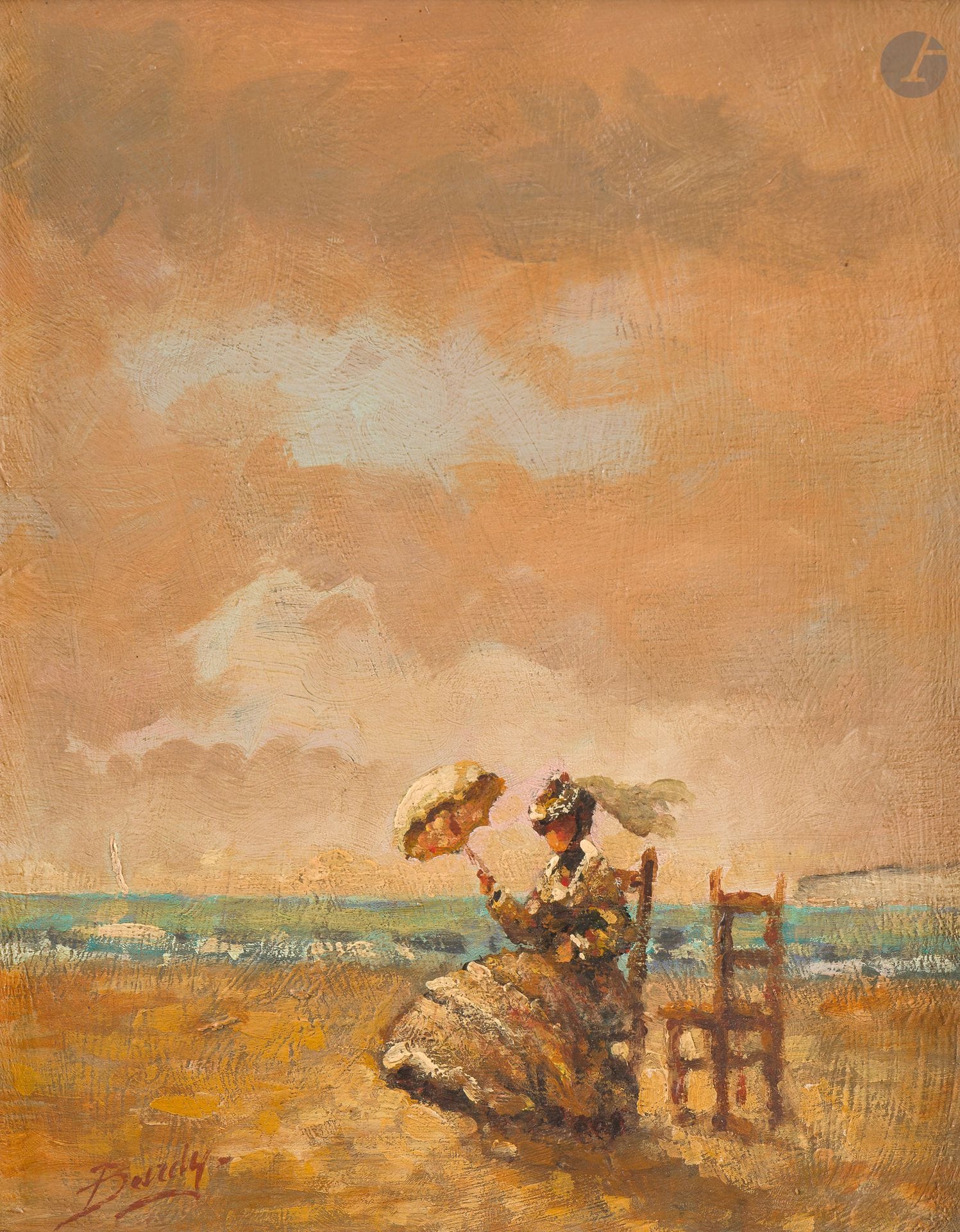 Paulette BARDY (1914-1966)
Femme à l'ombrelle sur la plage
Huile sur panneau.
Signée en bas à gauche.
25 x 20 cm

Provenance : 
Atelier Paulette Bardy (tampons au dos).