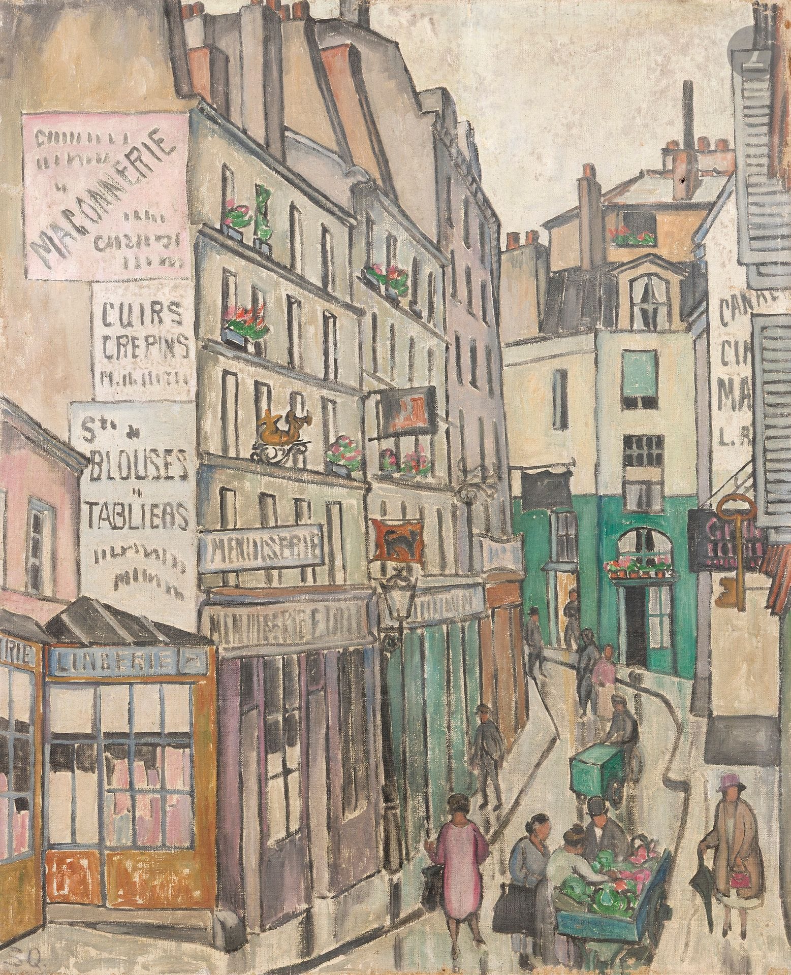 Maud Hunt SQUIRE (1873-1954)
Paris, la rue du Sabot
Huile sur toile.
Monogrammée en bas à gauche.
Signée et titrée au dos.
(Accident et manques).
73 x 60 cm

Provenance : 
Collection de l'artiste Ethel Mars, Saint-Paul-de-Vence.