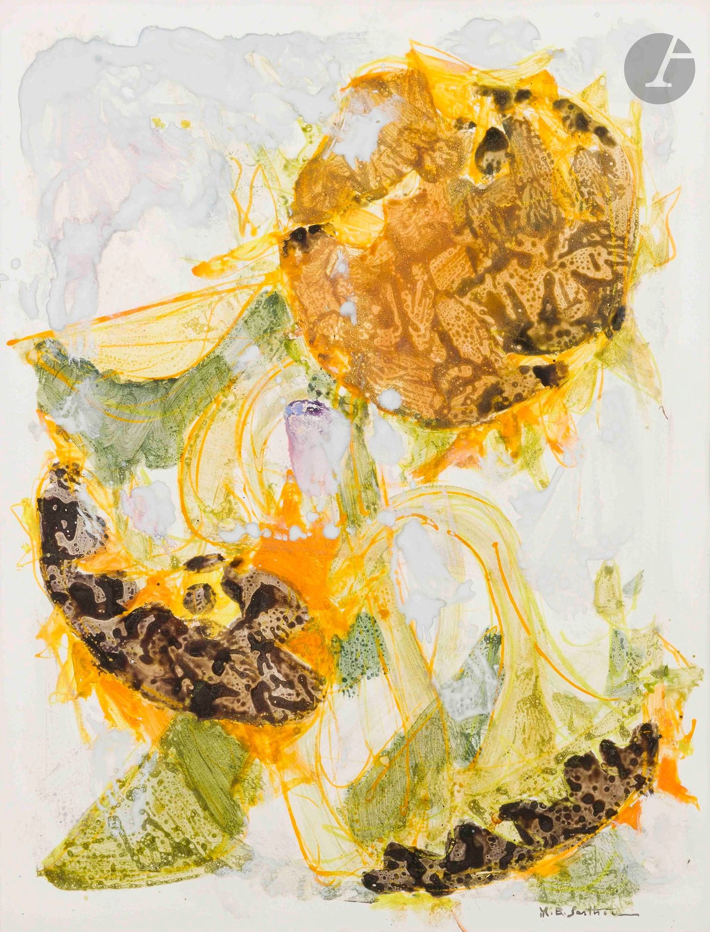 Maurice-Élie SARTHOU (1911-1999)
Sunflowers in a blue sky, circa 1969-70
Acrylic on paper.
Signed lower right.
61 x 46.5 cm
