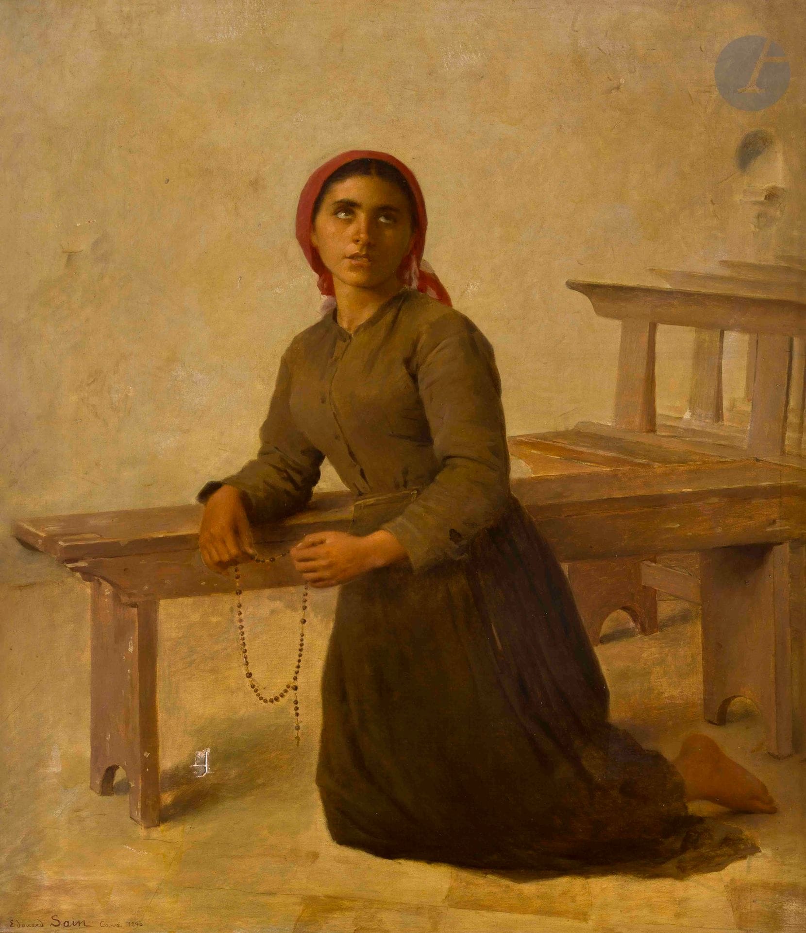 Édouard SAIN (1830-1910)
Capri, en prière, 1890
Huile sur toile.
Signée, datée et située en bas à gauche.
Numérotée " 388 " au dos.
(Accidents).
81 x 65 cm

Provenance : 
Famille de l'artiste.