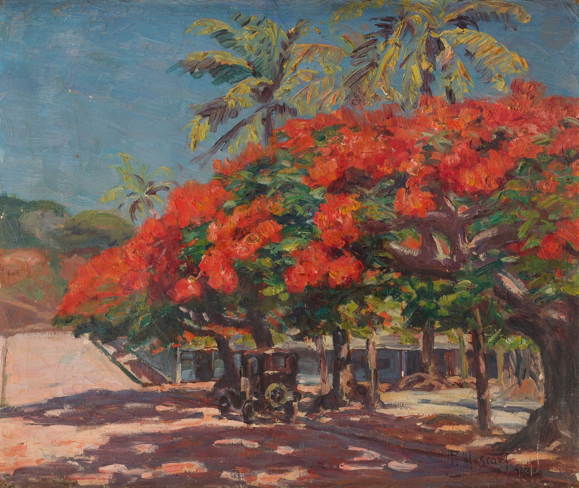 Paul MASCART (1874-1958)
Flamboyants, Nouméa, 1934
Huile sur toile.
Signée et datée en bas à droite.
Signée, datée et située au dos.
(Petits manques et craquelures).
46 x 55 cm