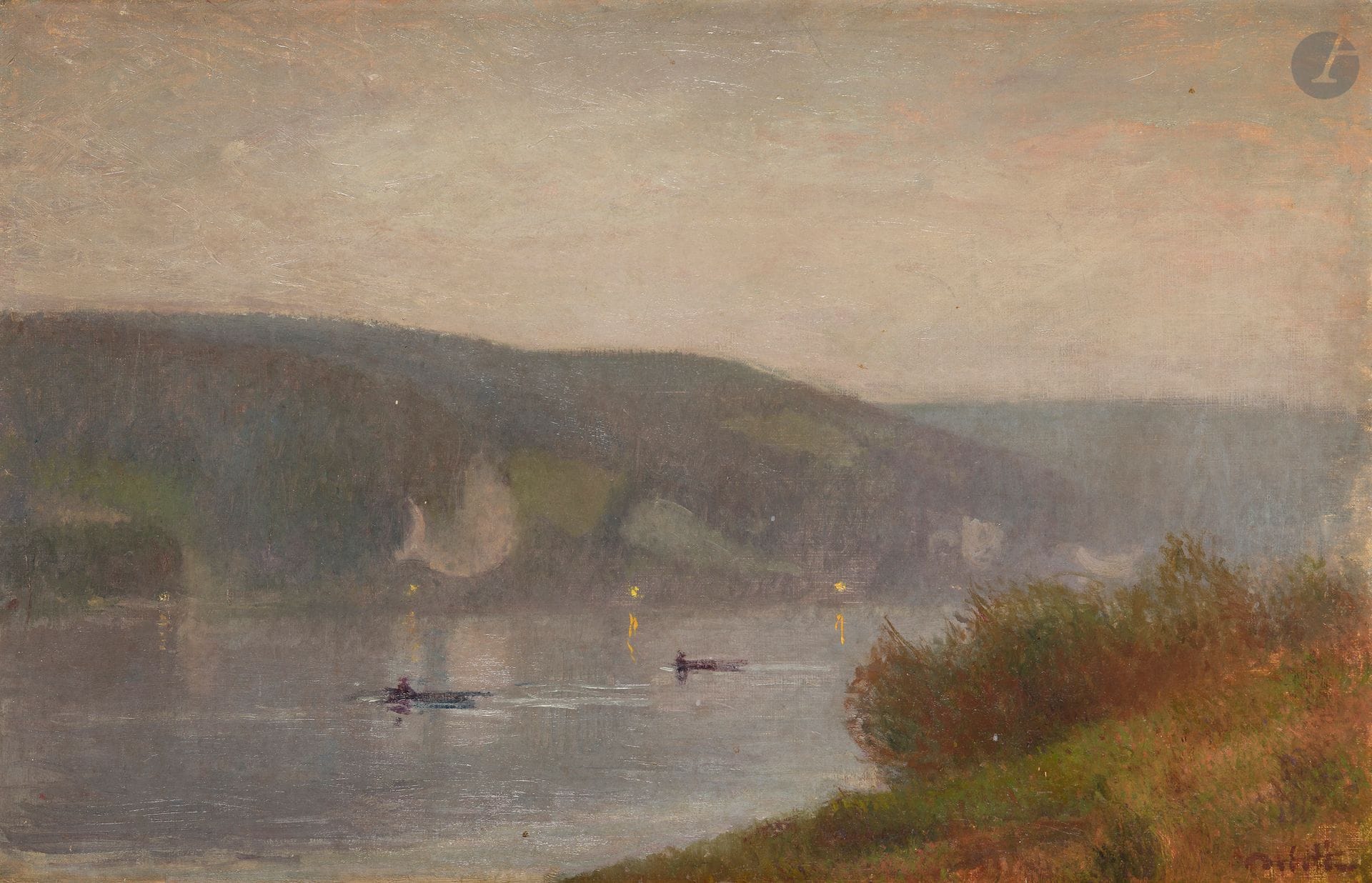 Joseph DELATTRE (1858-1912)
Bateaux et lueurs sur la rivière
Huile sur toile.
Signée en bas à droite.
(Rentoilée).
48,5 x 72 cm