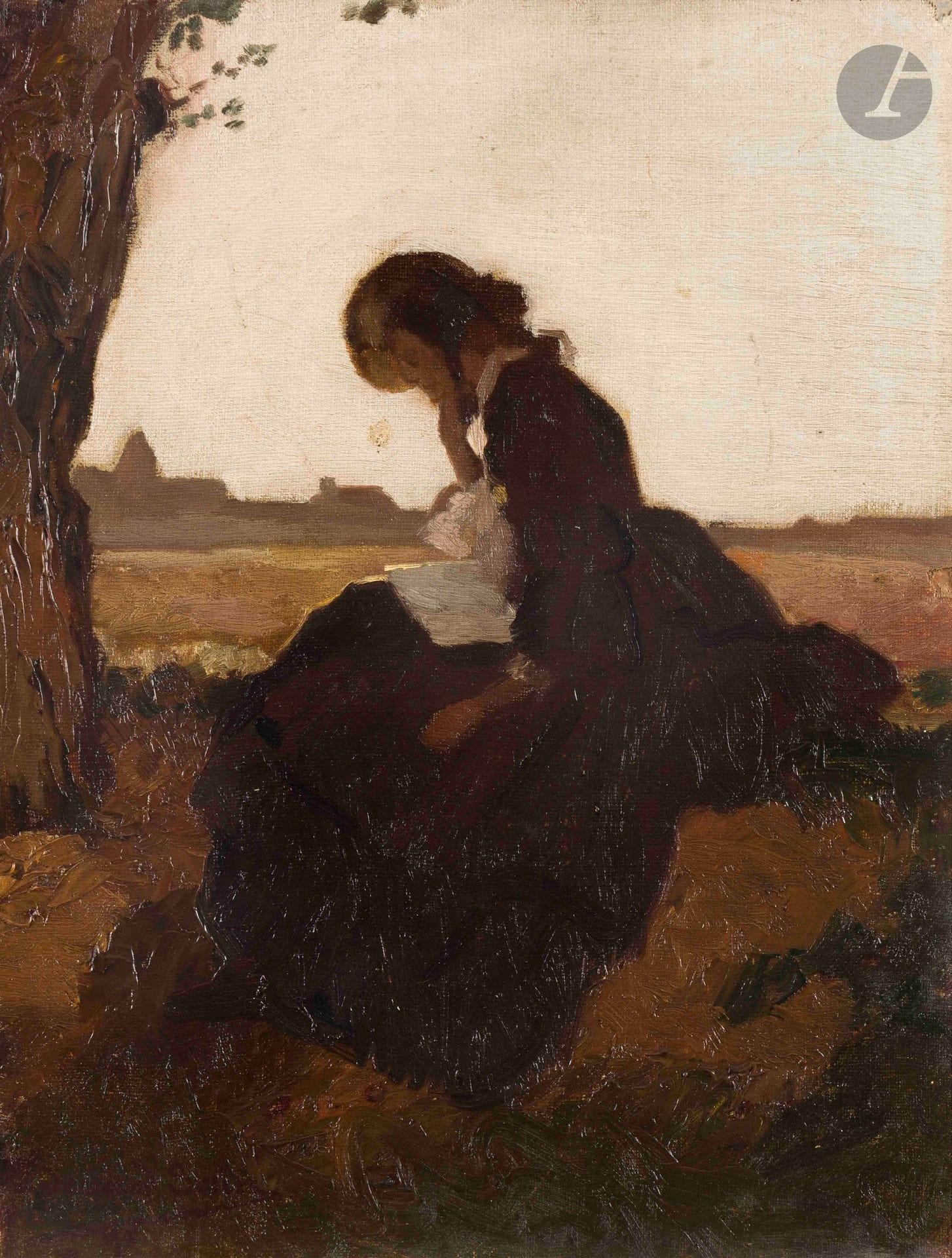 Édouard SAIN (1830-1910)
Écouen, young woman reading
Oil on canvas mounted on heavy cardboard.
Signed, located and numbered "255" on the back.
(Missing, soiling).
34.5 x 26.5 cm

Provenance : 
Artist's family.