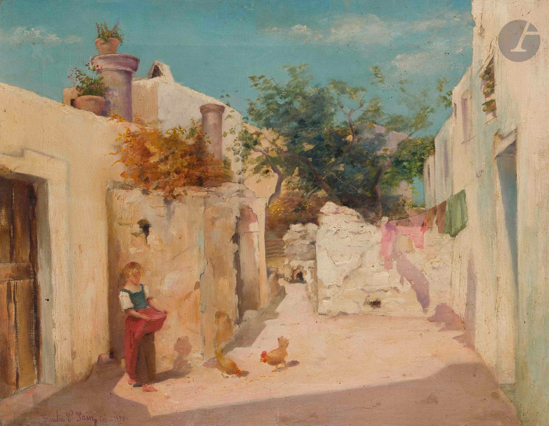 Émilie SAIN DE HEERS (1876-1956)
Capri, young girl with chickens, 1899
Oil on canvas.
Signed, dated and located lower left.
(Soiling).
45 x 57 cm

Provenance : 
Collection Édouard Sain, artist's father.
