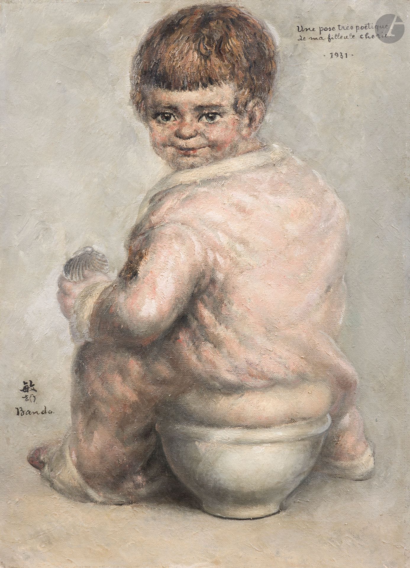 Toshio BANDO (1895-1973)
Une pose très poétique de ma filleule chérie, 1931
Huile sur toile.
Signée en bas à gauche.
Datée et titrée en haut à droite.
45 x 33 cm

Provenance :
Collection Monsieur X., Japon.