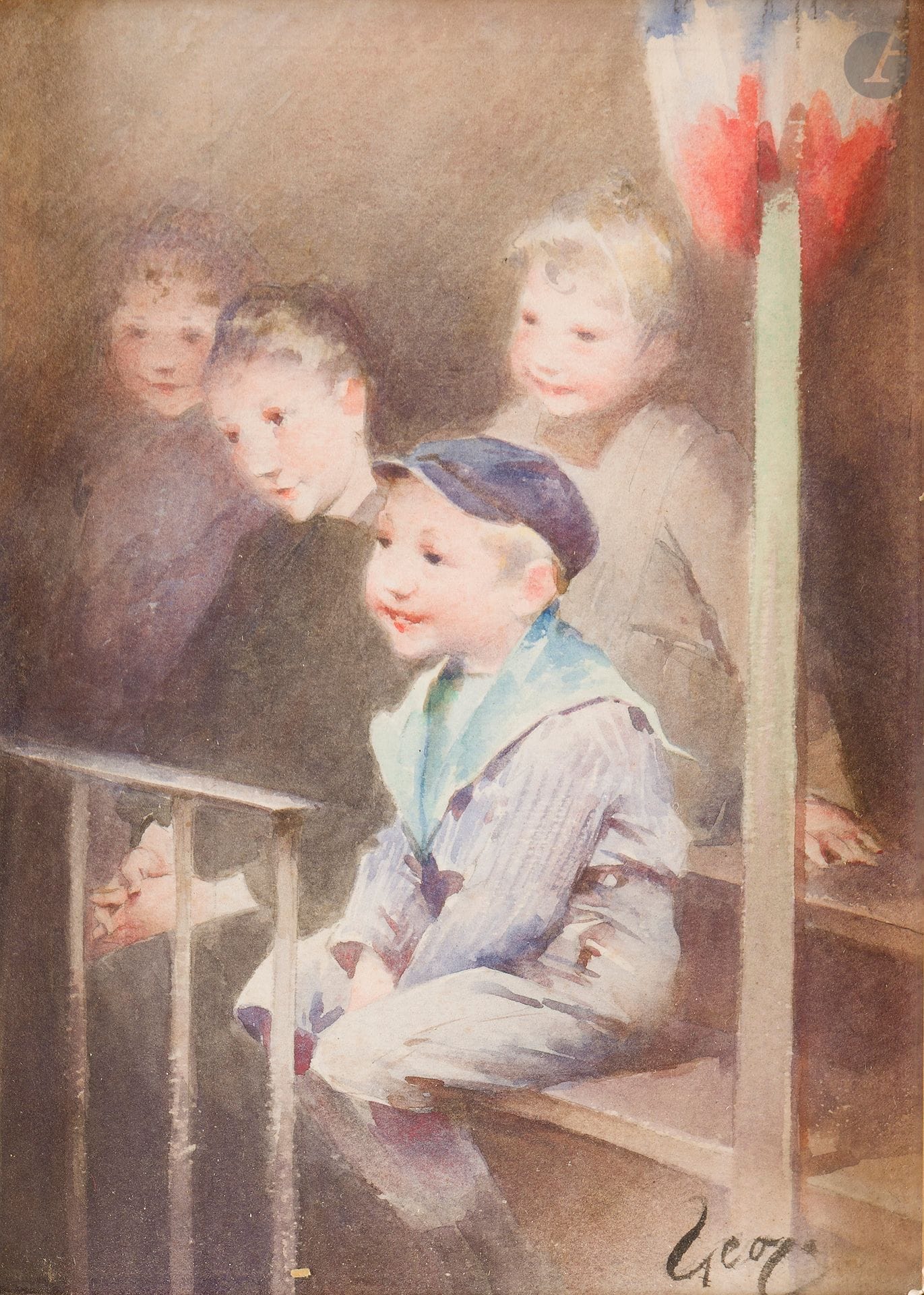 Henri-Jules-Jean Geoffroy dit GEO (1853-1924)
Au Spectacle, 1917
Aquarelle.
Signée en bas à droite.
Dédicacée sur le montage au dos " À monsieur Angry - en toute sympathie - Geoffroy 1917 ".
17 x 12 cm