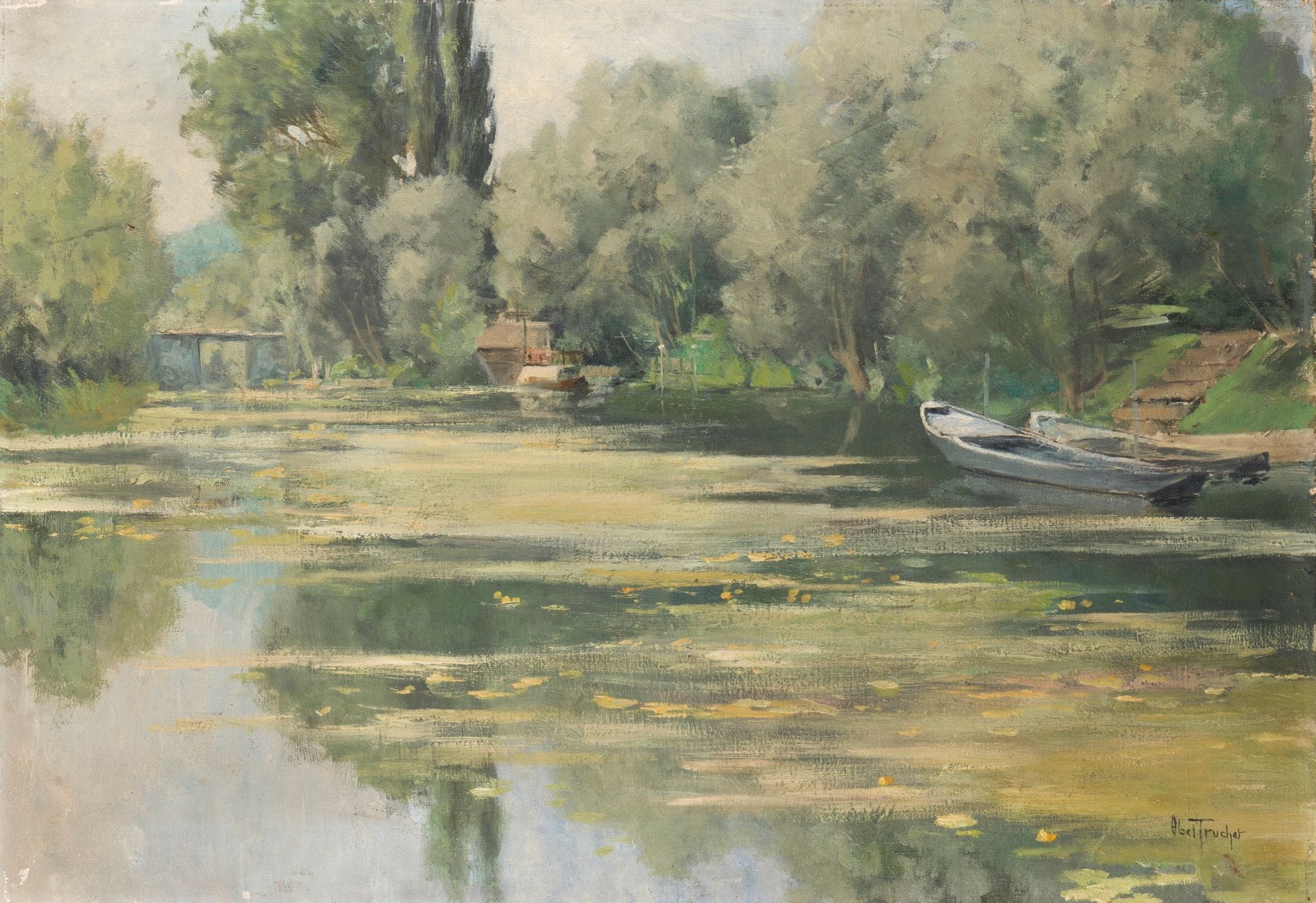Louis ABEL-TRUCHET (1857-1918)
Les Barques sur le canal
Huile sur toile.
Signée en bas à droite.
(Petit accident).
45 x 65 cm
