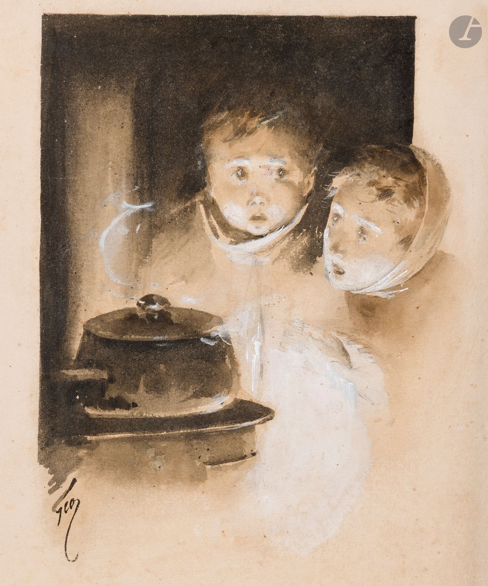 Henri-Jules-Jean Geoffroy dit GEO (1853-1924)
En attendant le dîner
Encre, lavis d'encre et rehauts de gouache blanche sur traits de crayon.
Signée en bas à gauche.
(Rousseurs).
27 x 19,5 cm