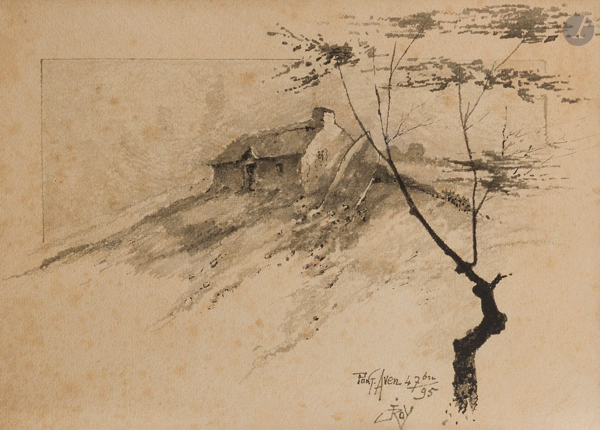 Louis ROY (1862-1907)
Maison sur la falaise, Pont-Aven, 1895
Encre et rehauts de gouache blanche.
Signée, située et datée en bas à droite. 
(Rousseurs, oxydations).
22,8 x 31 cm
