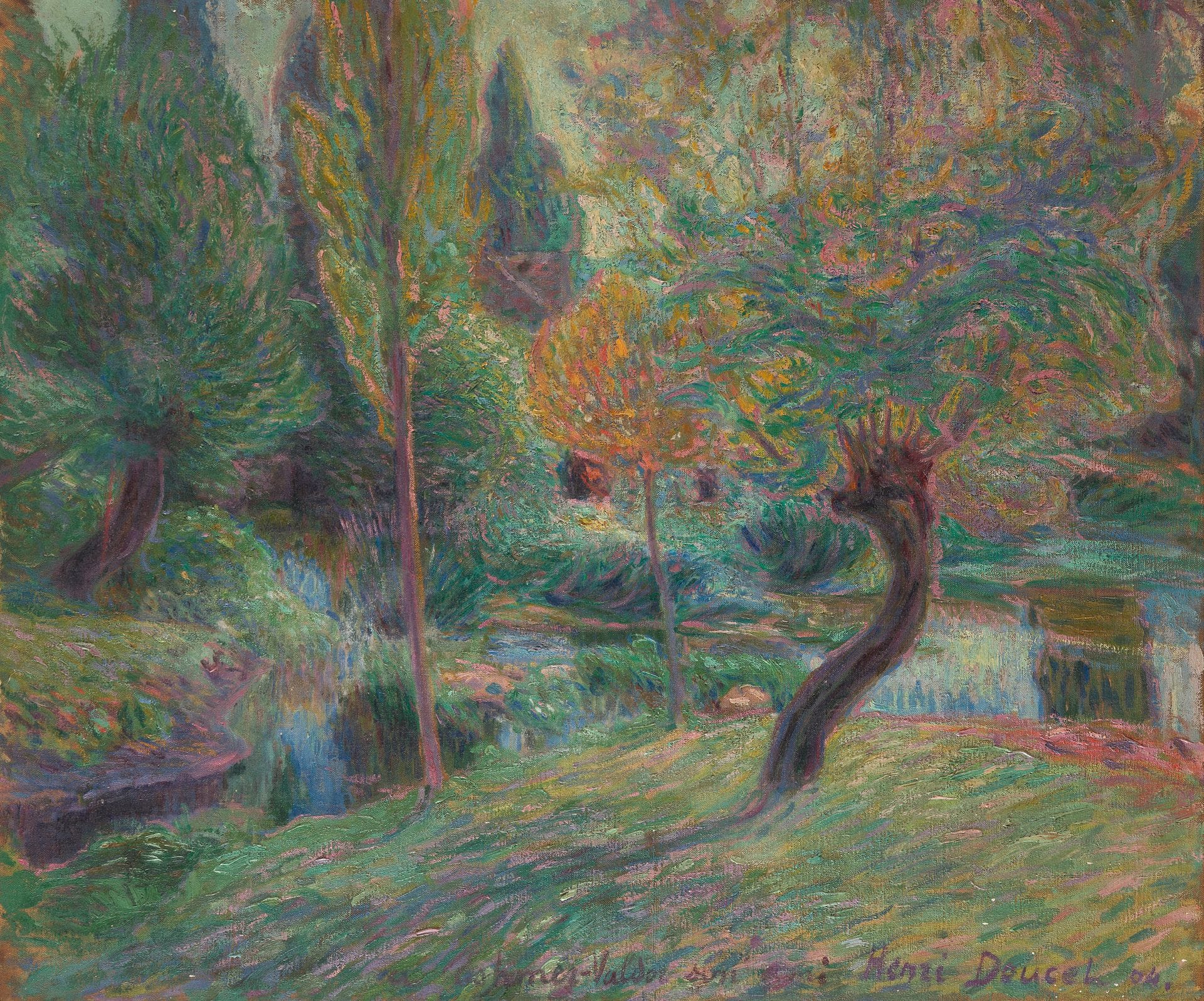 Henri DOUCET (1883-1915)
Paysage à la rivière, 1904
Huile sur toile.
Signée, datée et dédicacée " à Eshmer-Valder son ami " en bas à droite.
54 x 65 cm