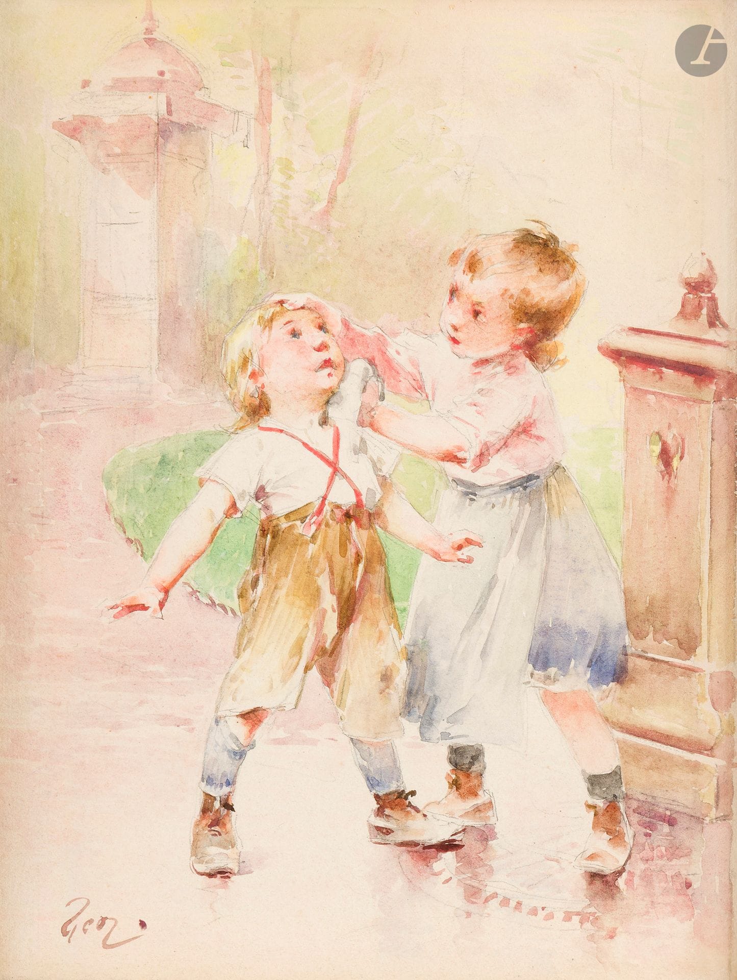 Henri-Jules-Jean Geoffroy dit GEO (1853-1924)
L'Accident, vers 1917
Aquarelle.
Signée en bas à gauche.
Titrée au dos sur une étiquette.
20 x 15 cm