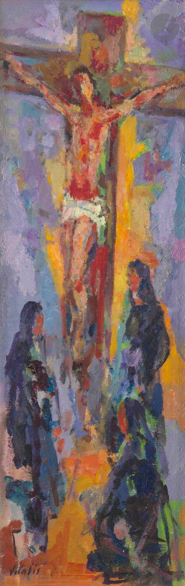 Macario VITALIS (1898-1989)
Crucifixion, vers 1960
Huile sur toile.
Signée en bas à gauche.
Signée au dos.
55 x 18 cm

Provenance : 
Succession de Madame F., Paris.

Ce tableau sera intégré au catalogue raisonné de l'association " Les Amis de Vitalis " (macario-vitalis.com).