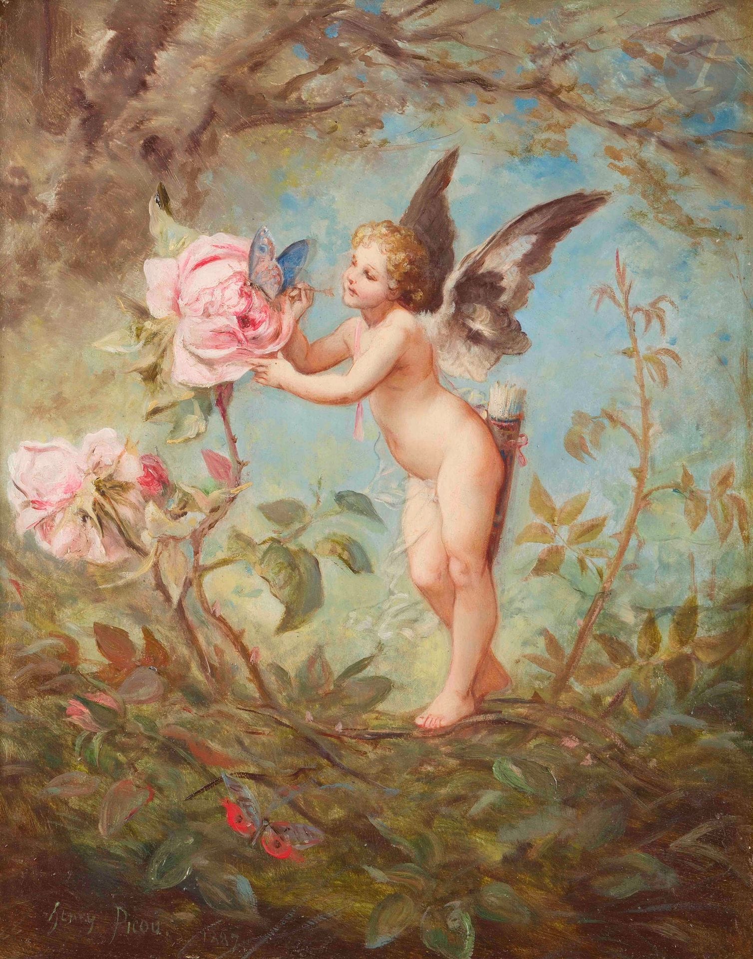 Henri-Pierre PICOU (1824-1895)
Amour à la rose, 1887
Huile sur panneau.
Signée et datée en bas à gauche.
41 x 33 cm